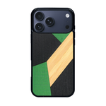 Coque de protection en bois véritable fabriquée en France pour iPhone 17 Pro Max alliant du bambou, du tulipier vert et noir en forme de mosaïque minimaliste sur le thème de l'art abstrait