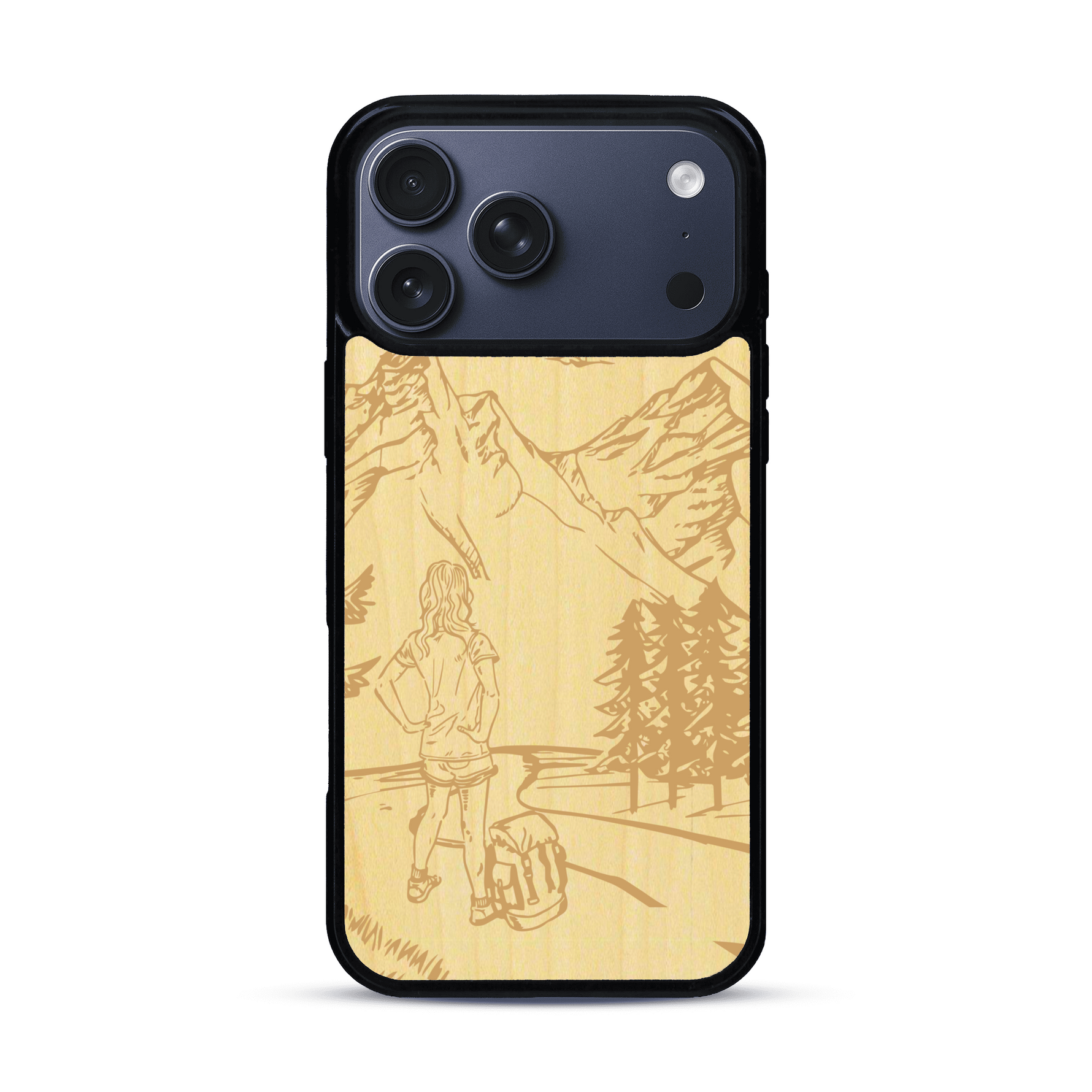 Coque de protection en bois véritable fabriquée en France pour  sur le thème de la randonnée en montagne et de l'aventure avec une gravure représentant une femme de dos face à un paysage de nature