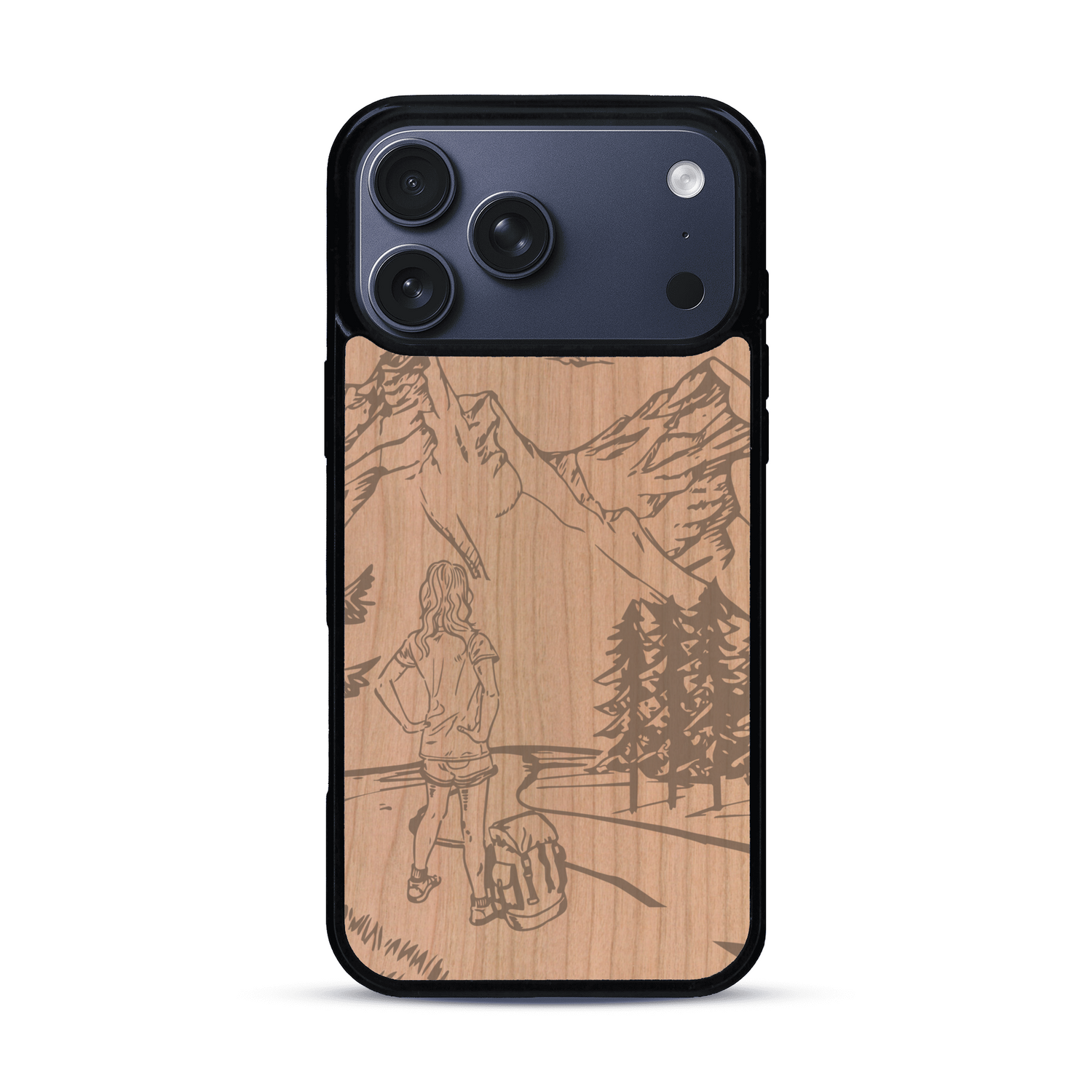 Coque de protection en bois véritable fabriquée en France pour  sur le thème de la randonnée en montagne et de l'aventure avec une gravure représentant une femme de dos face à un paysage de nature