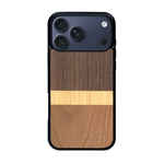Coque de protection en bois véritable fabriquée en France pour iPhone 17 Pro Max alliant des bandes horizontales de bambou, merisier et noyer