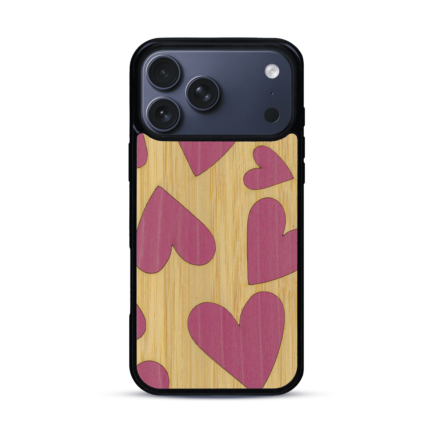 Coque de protection en bois véritable fabriquée en France pour  alliant plusieurs essences de bois pour représenter des coeurs pour les amoureux