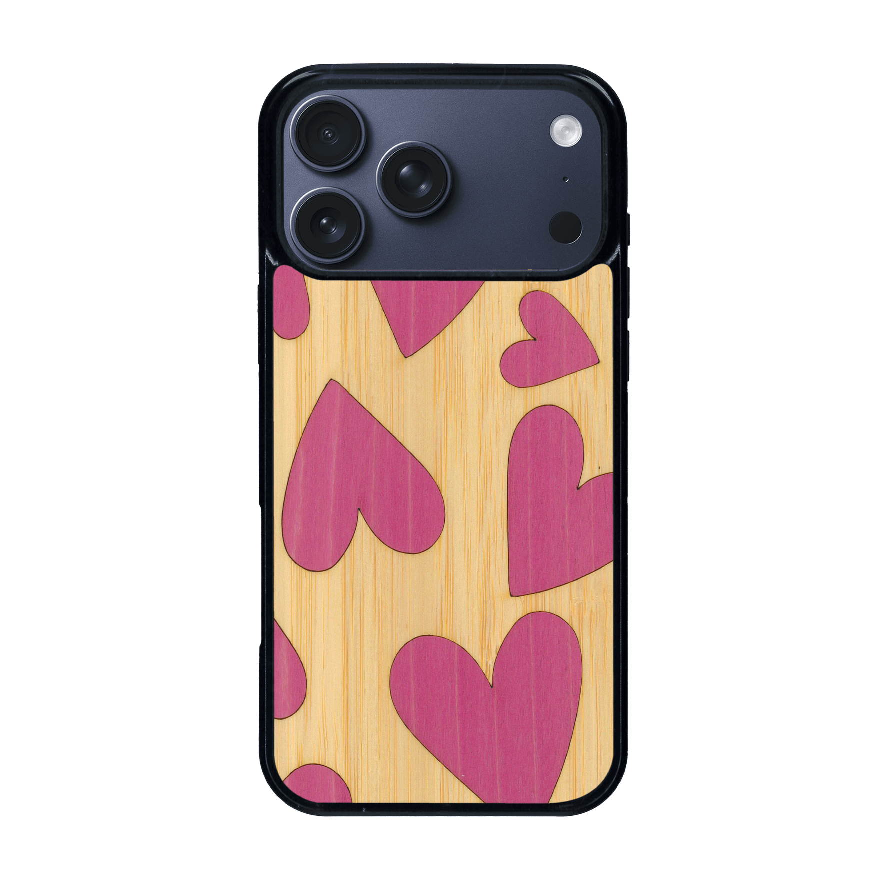 Coque de protection en bois véritable fabriquée en France pour iPhone 17 Pro Max alliant plusieurs essences de bois pour représenter des coeurs pour les amoureux