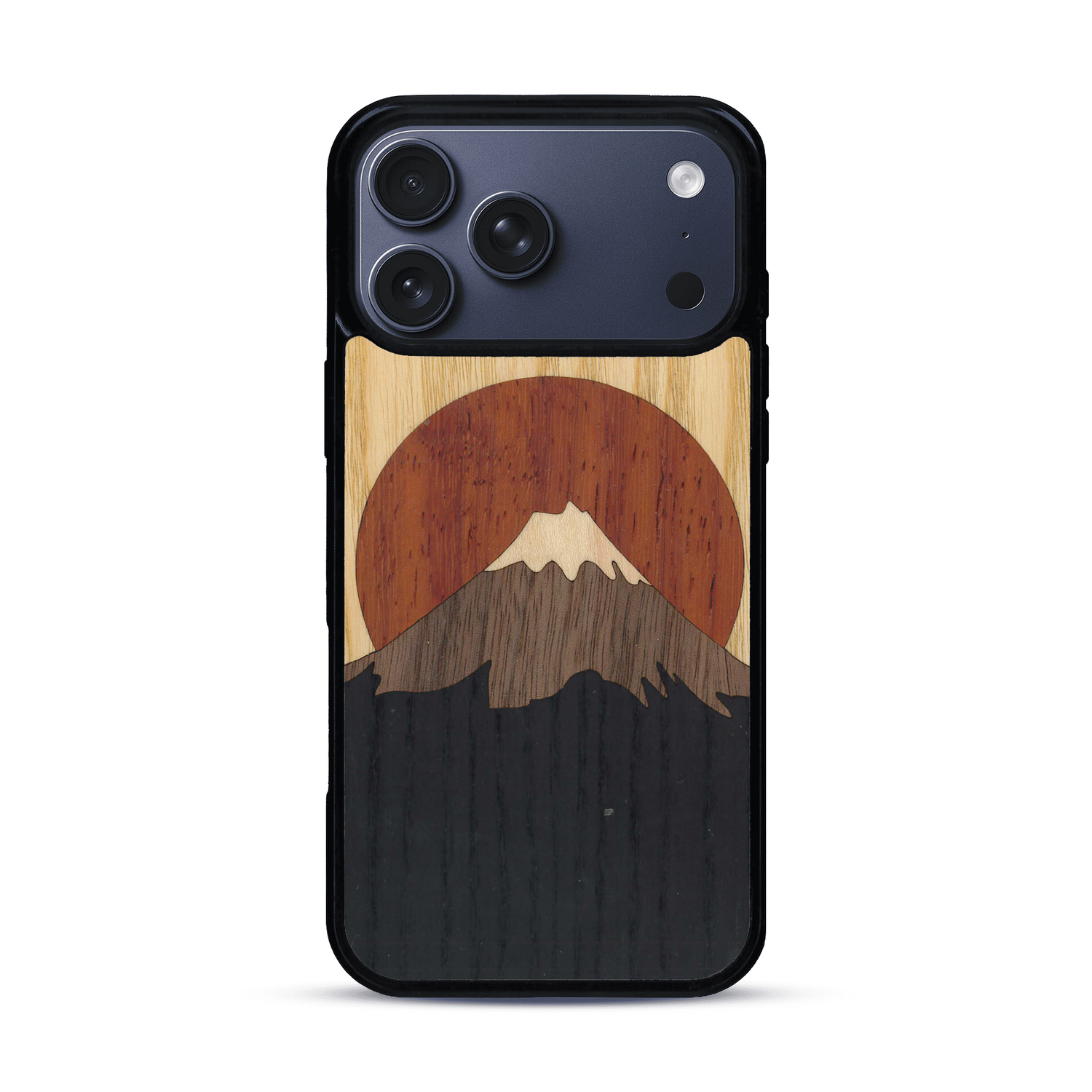 Coque de protection en bois véritable fabriquée en France pour  alliant plusieurs essences de bois pour représenter le mont Fuji