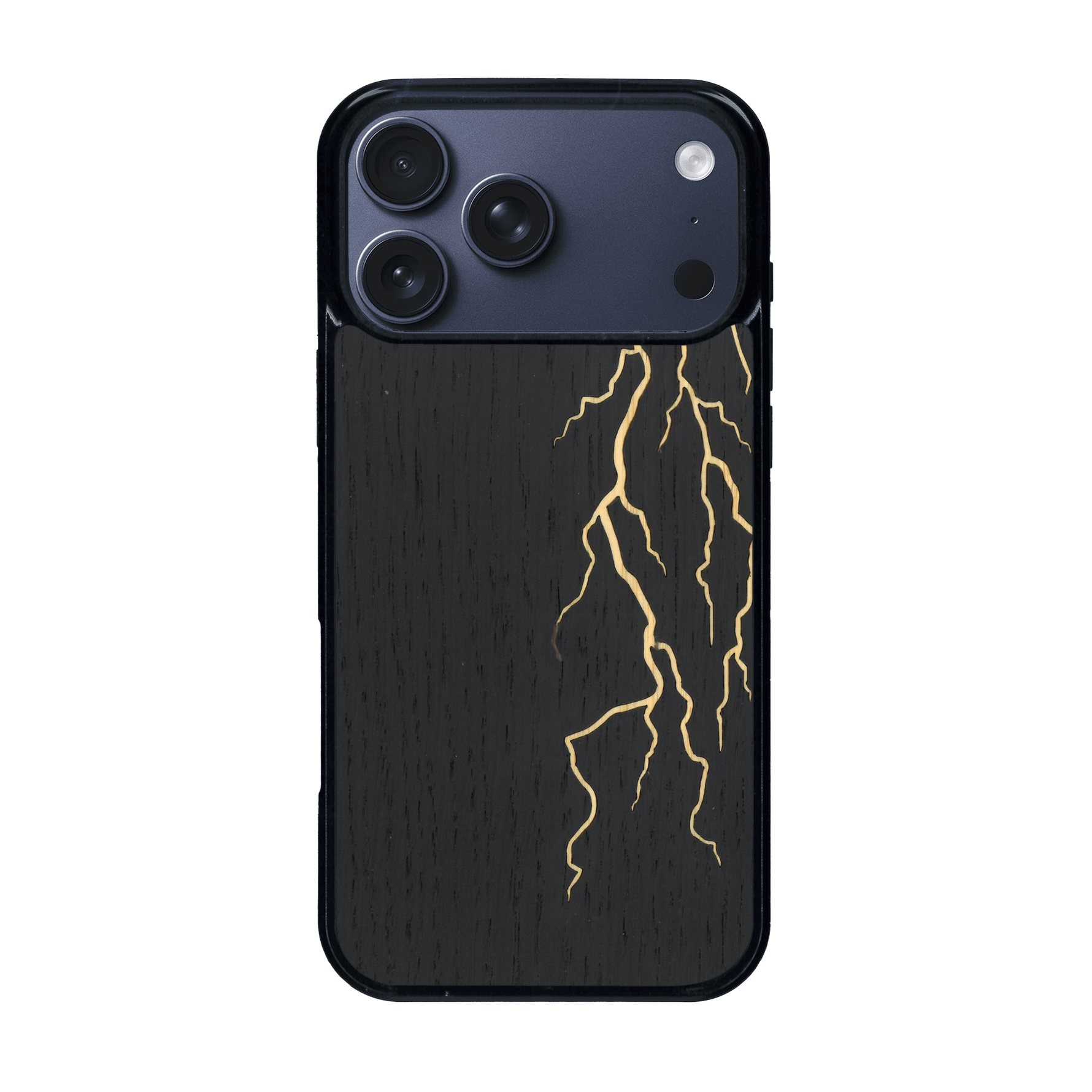 Coque de protection en bois véritable fabriquée en France pour iPhone 17 Pro Max alliant plusieurs essences de bois pour représenter un éclair divin