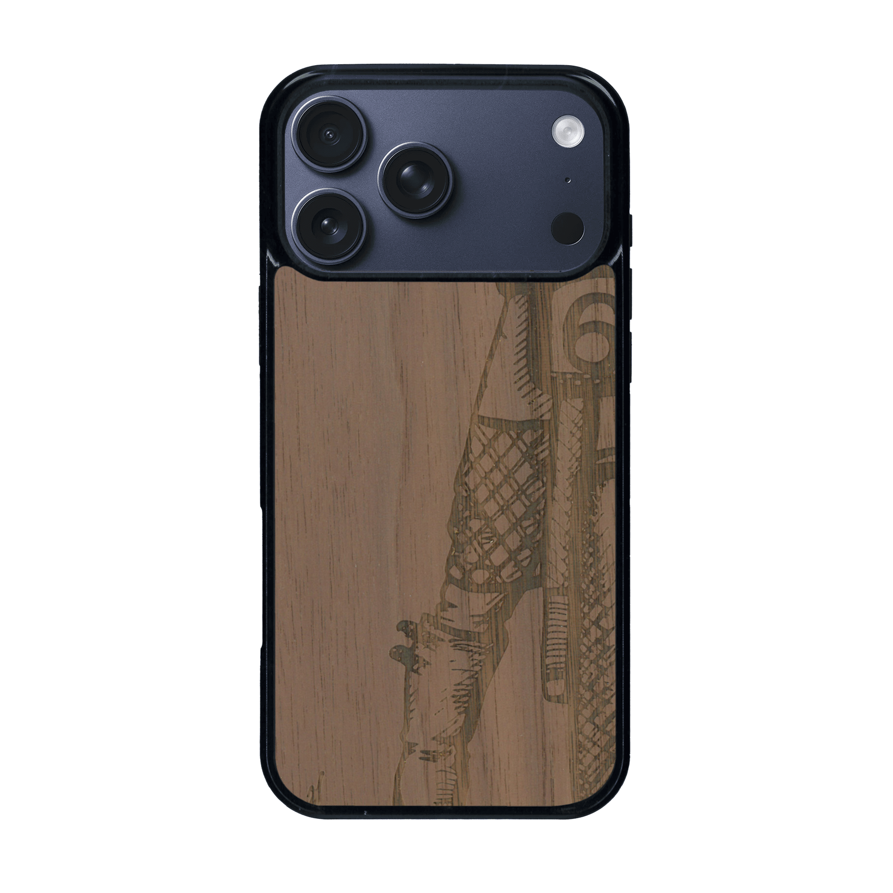 Coque de protection en bois véritable fabriquée en France pour iPhone 17 Pro Max représentant une vue de face d'une femme sur une moto vintage dessinée à la main par l'artiste Maud Dabs