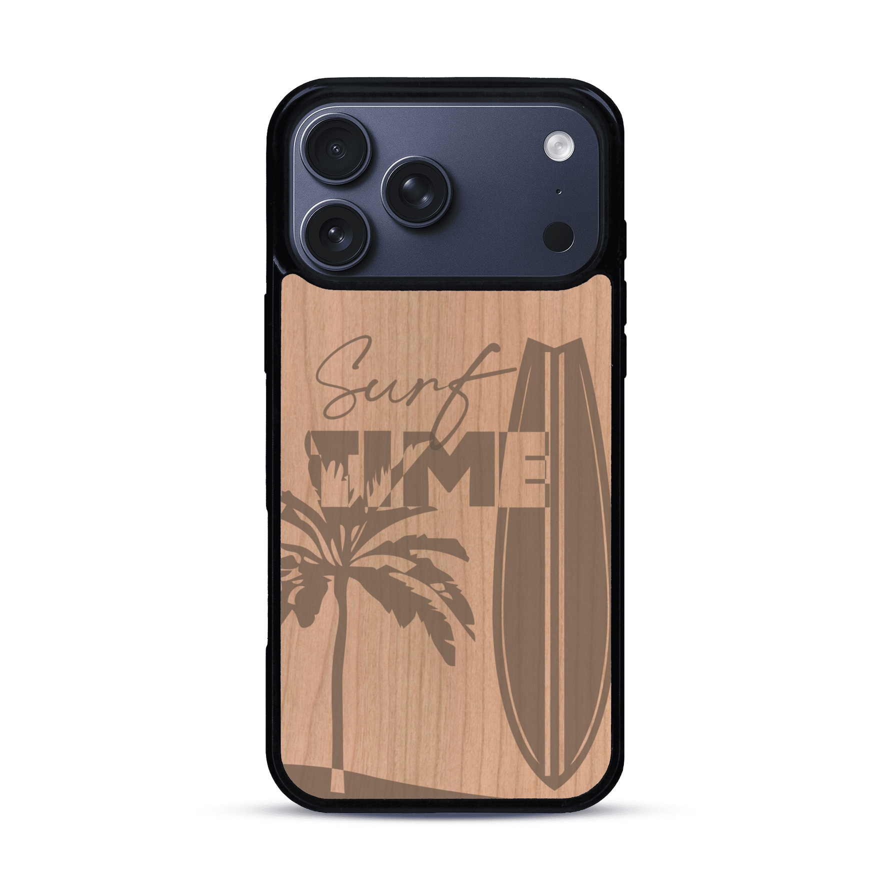 Coque de protection en bois véritable fabriquée en France pour  sur le thème chill avec un motif représentant une silouhette tenant une planche de surf sur une plage entouré de palmiers et les mots "Surf Time Long Beach Miami"