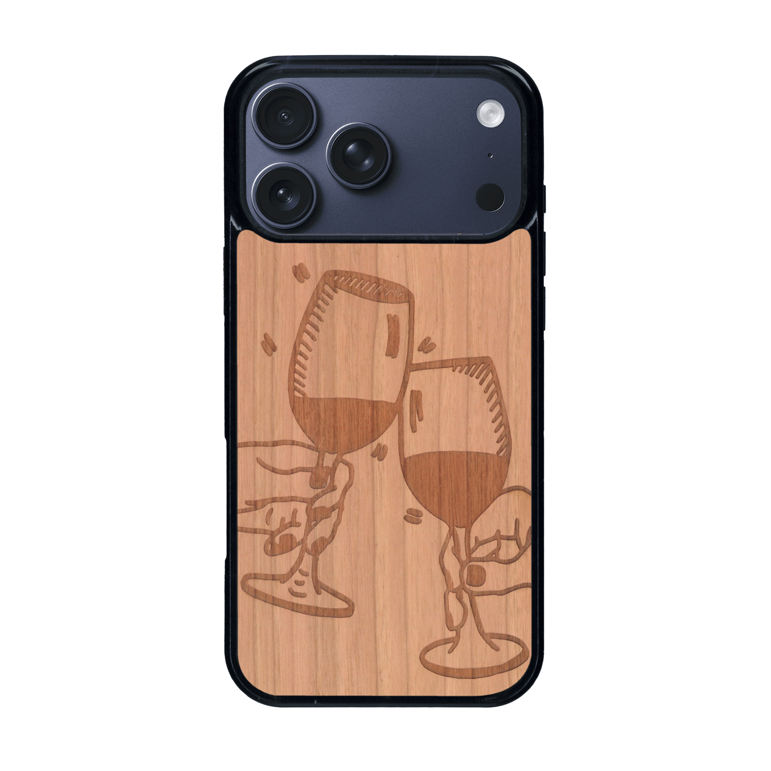 Coque de protection en bois véritable fabriquée en France pour iPhone 17 Pro Max représentant une vue de face d'une flute de champagne dessinée à la main par l'artiste Maud Dabs