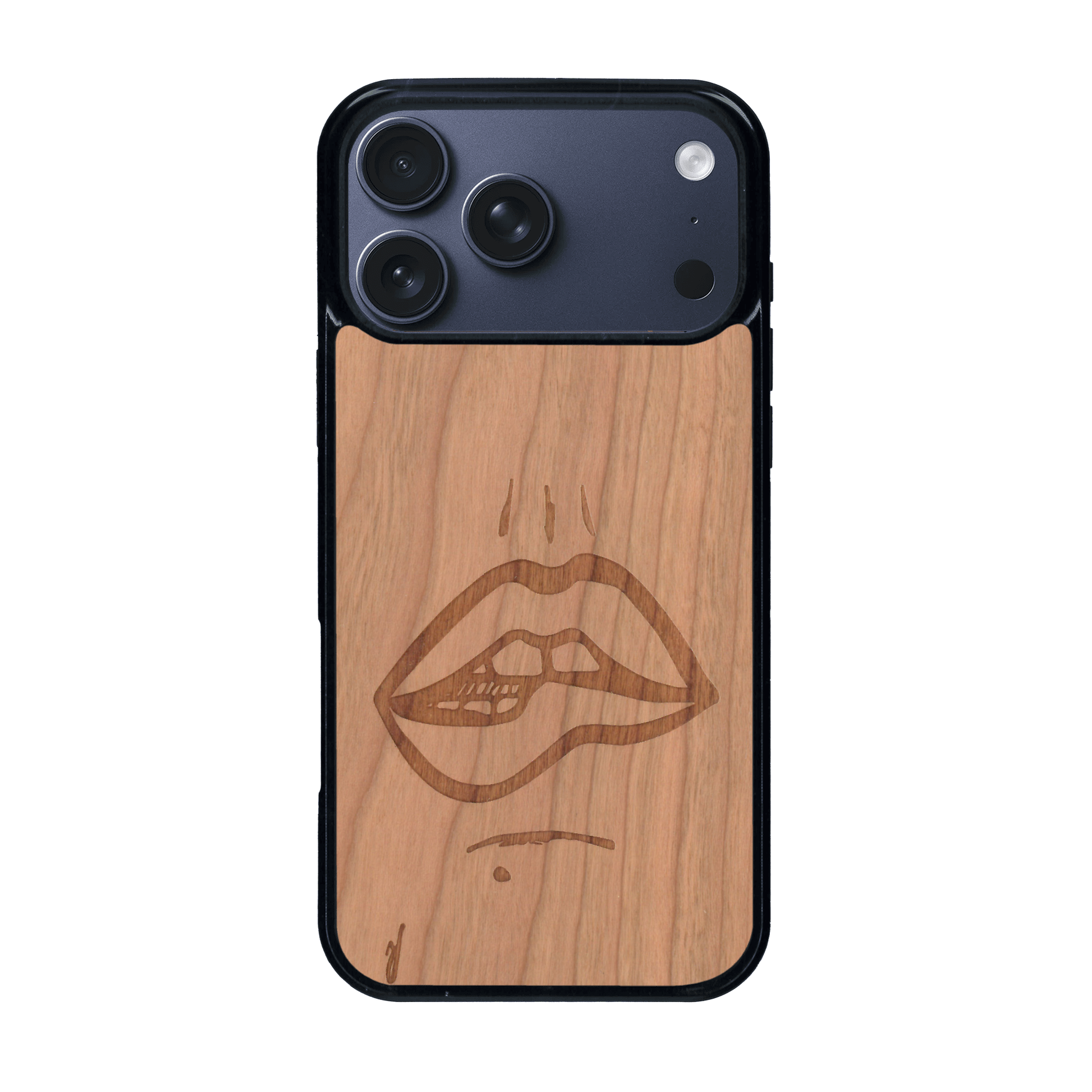 Coque de protection en bois véritable fabriquée en France pour iPhone 17 Pro Max représentant de manière minimaliste une bouche de féminine se mordant le coin de la lèvre de manière sensuelle dessinée à la main par l'artiste Maud Dabs