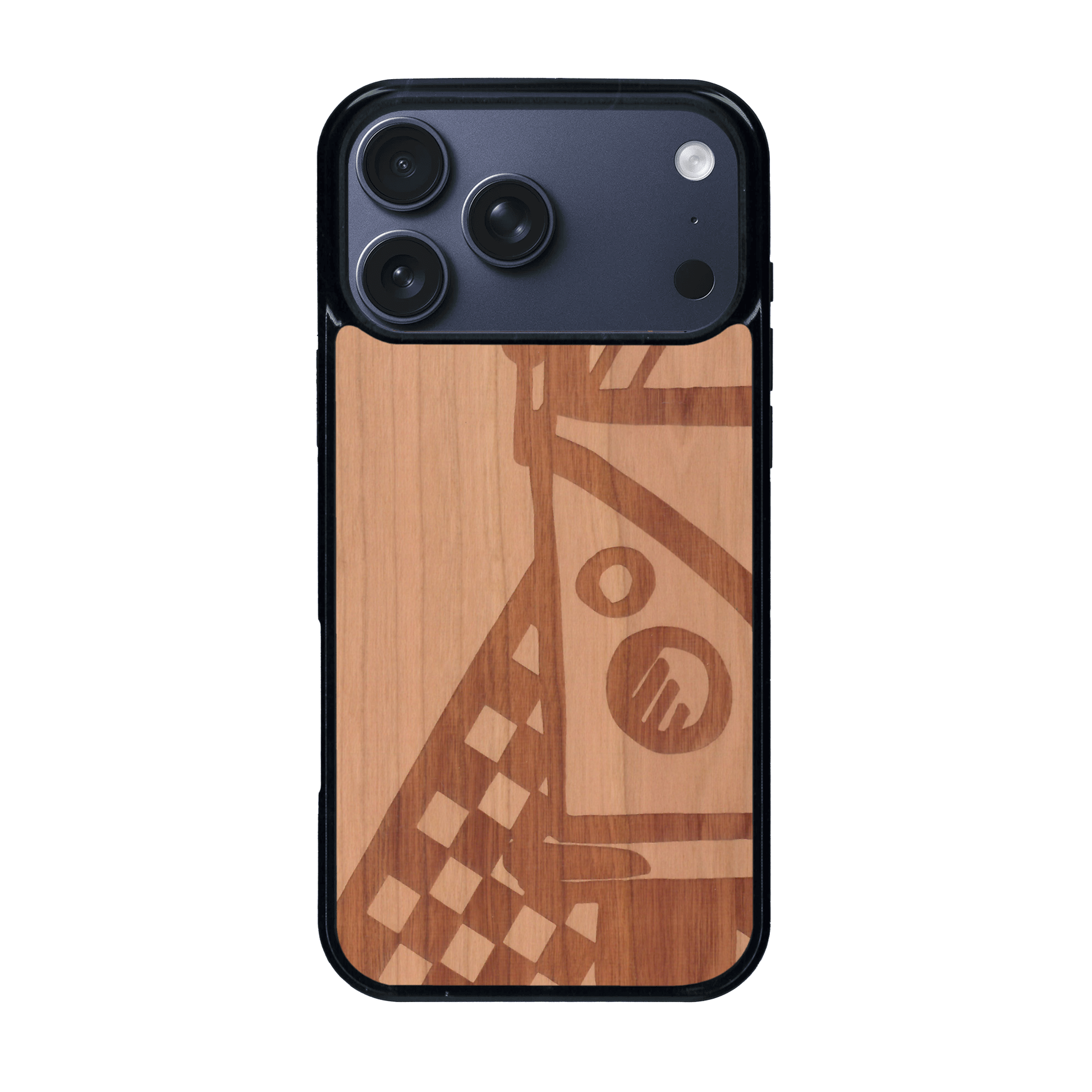 Coque de protection en bois véritable fabriquée en France pour iPhone 17 Pro Max sur le thème du voyage avec un van combi