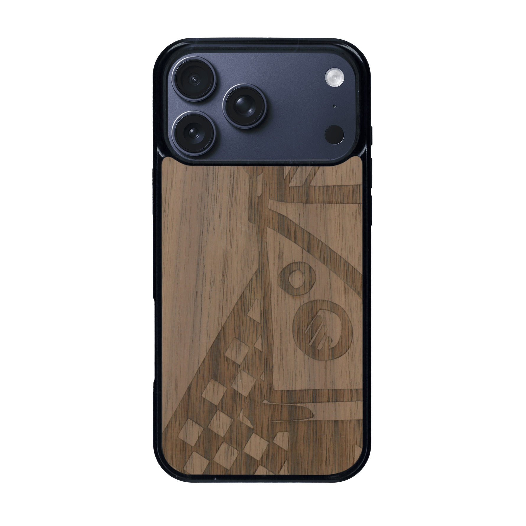 Coque de protection en bois véritable fabriquée en France pour iPhone 17 Pro Max sur le thème du voyage avec un van combi