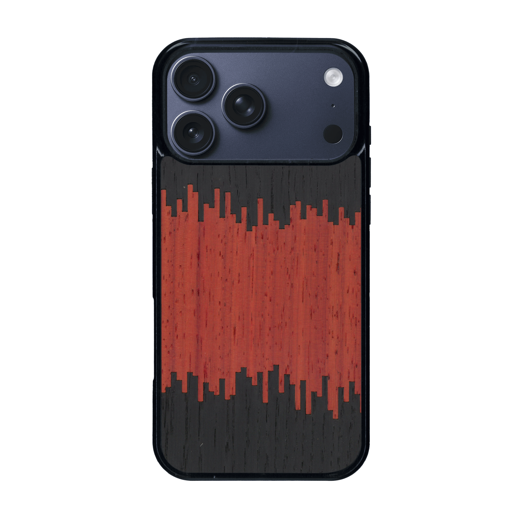 Coque de protection en bois véritable fabriquée en France pour iPhone 17 Pro Max alliant plusieurs essences de bois pour représenter du magma en fusion
