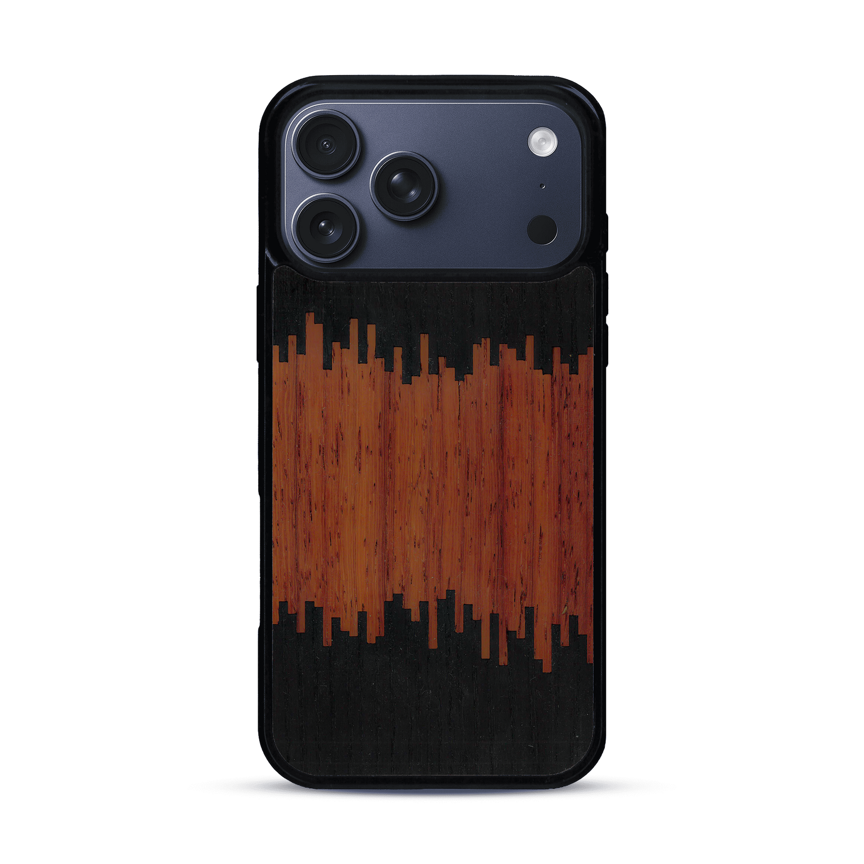 Coque de protection en bois véritable fabriquée en France pour  alliant plusieurs essences de bois pour représenter du magma en fusion