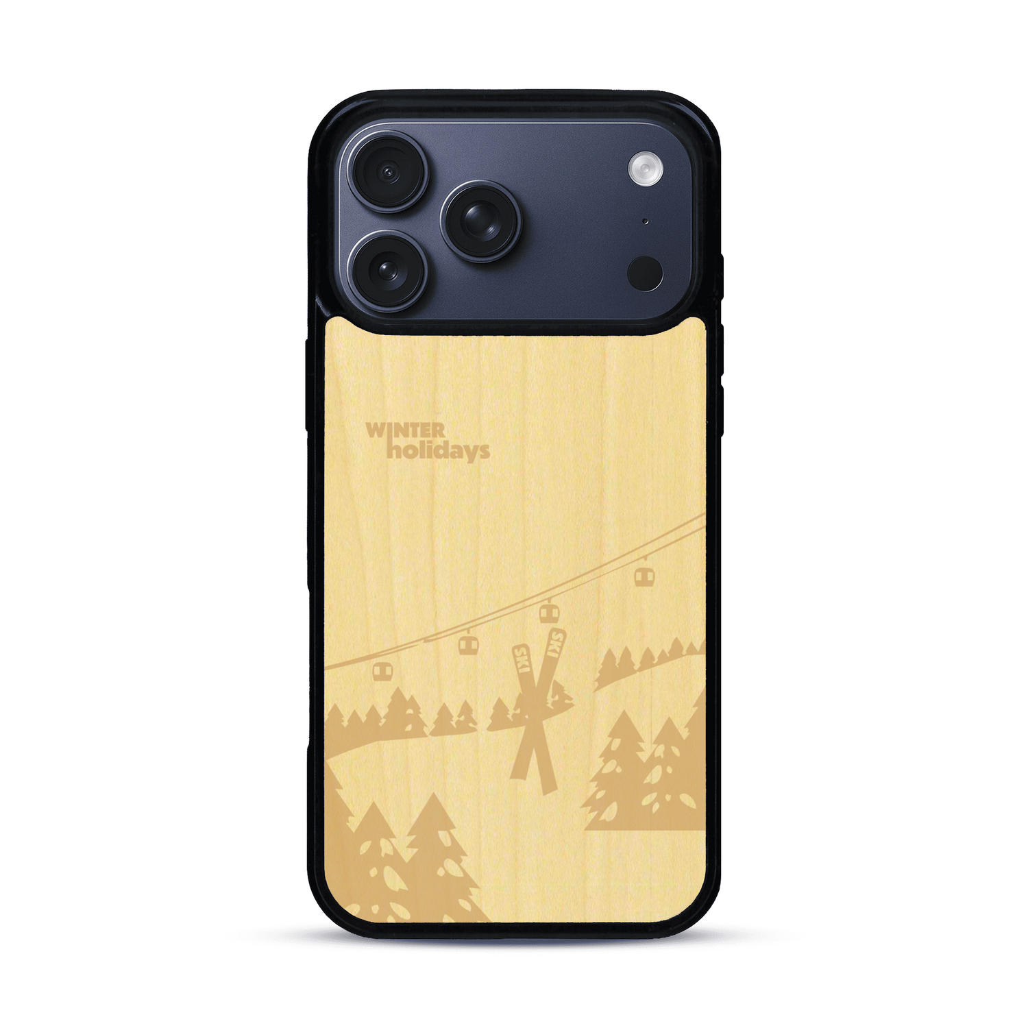 Coque de protection en bois véritable fabriquée en France pour  sur le thème de la montagne, du ski et de la neige avec un motif représentant une paire de ski plantée dans la neige avec en fond des montagnes enneigées
