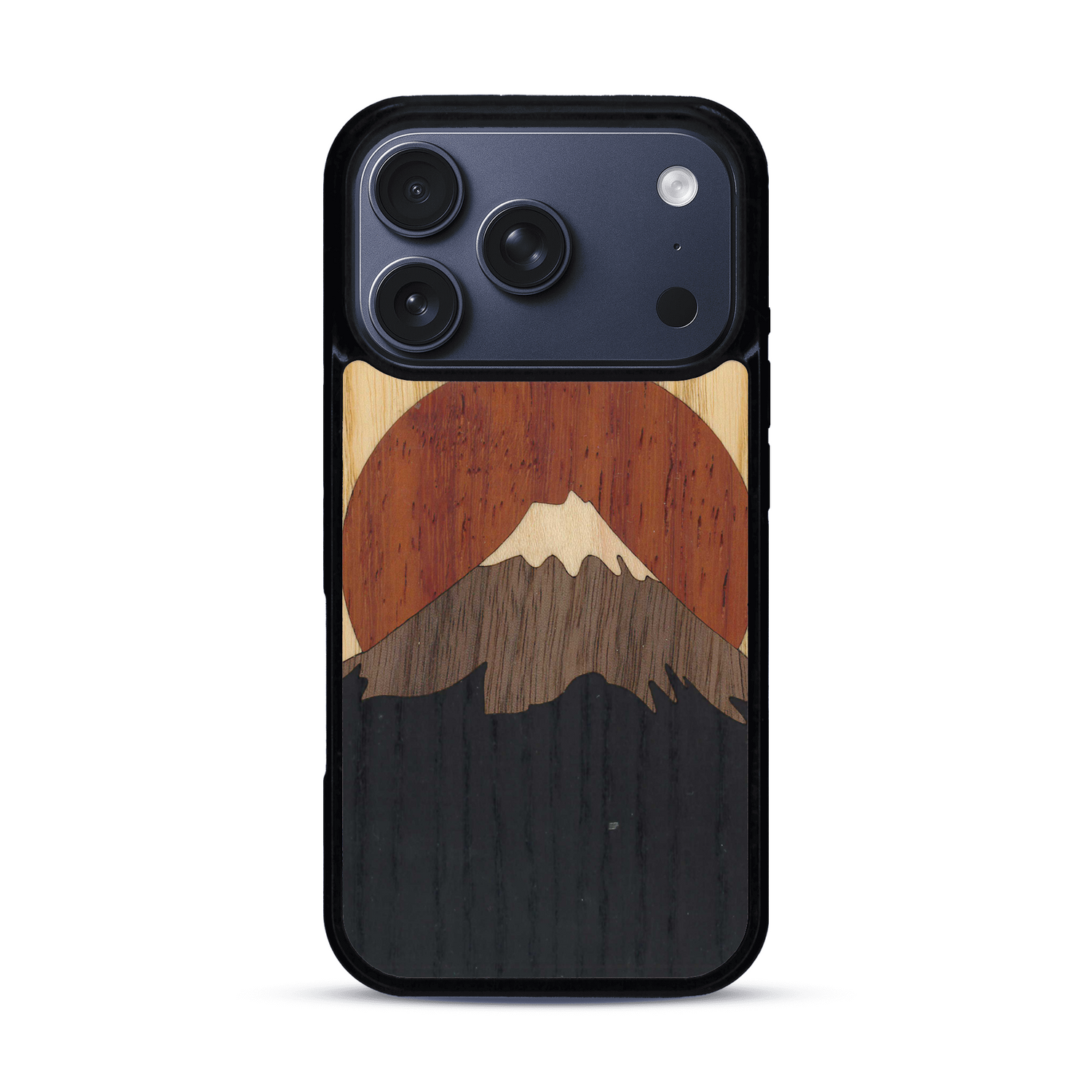 Coque de protection en bois véritable fabriquée en France pour  alliant plusieurs essences de bois pour représenter le mont Fuji