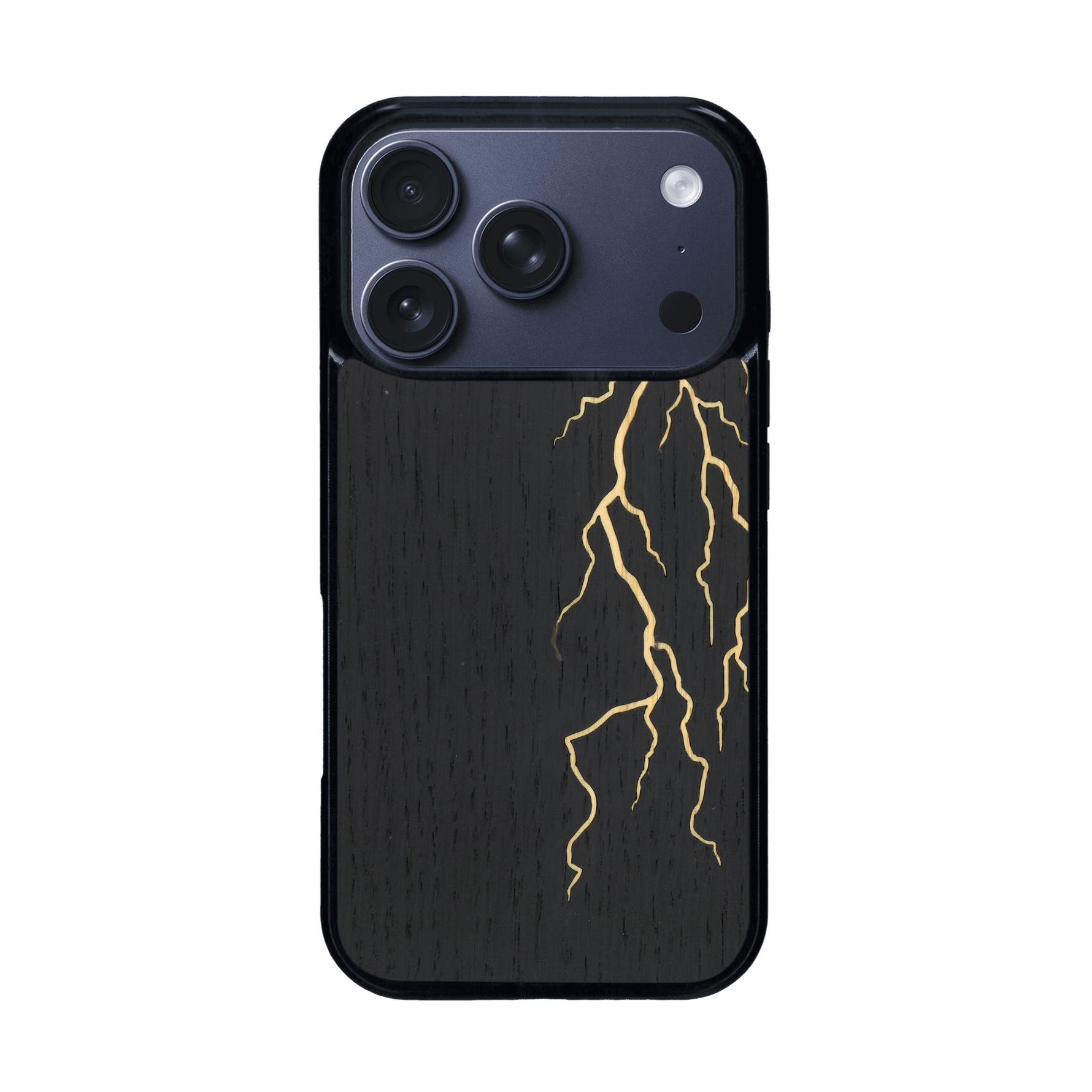 Coque de protection en bois véritable fabriquée en France pour iPhone 17 Pro alliant plusieurs essences de bois pour représenter un éclair divin
