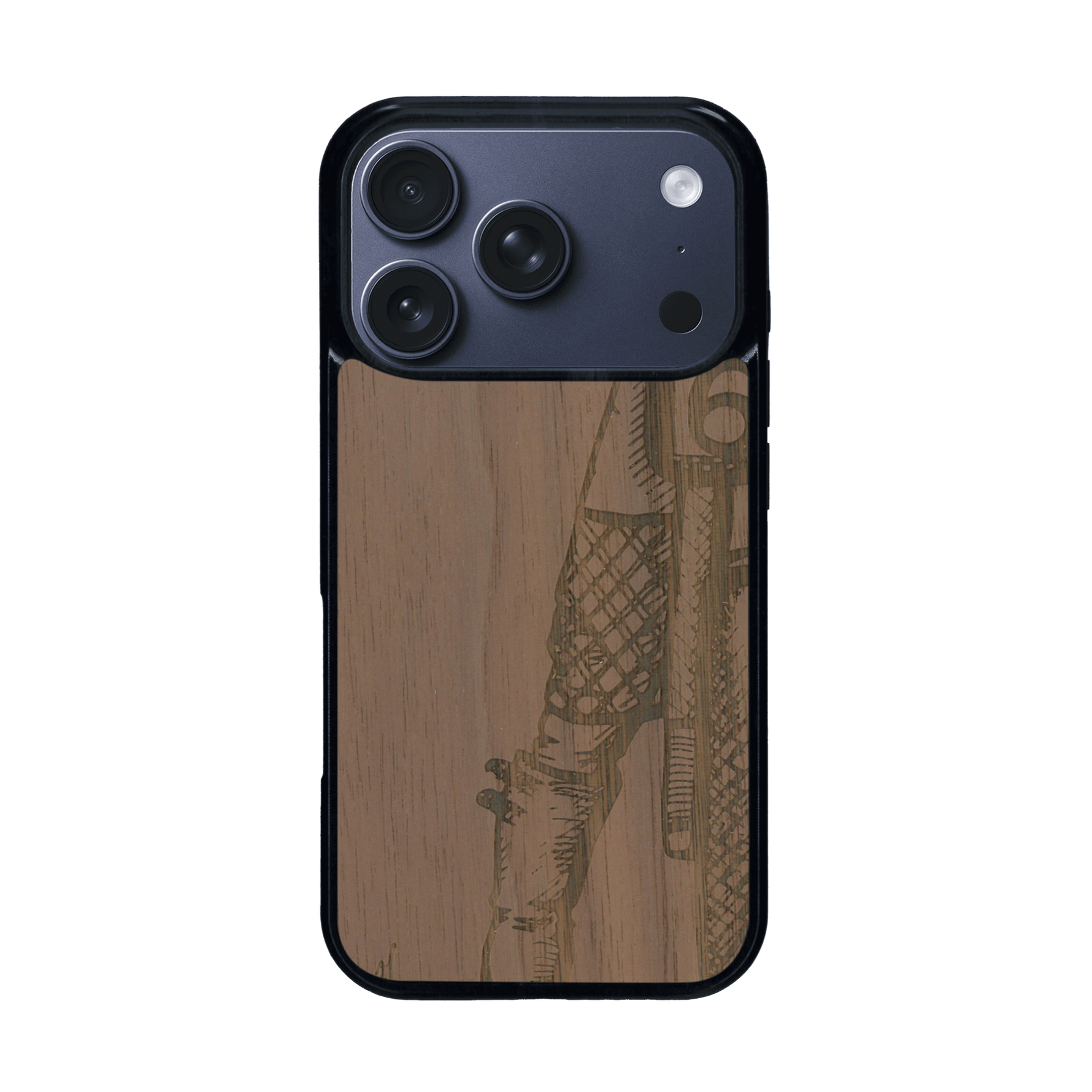 Coque de protection en bois véritable fabriquée en France pour iPhone 17 Pro représentant une vue de face d'une femme sur une moto vintage dessinée à la main par l'artiste Maud Dabs