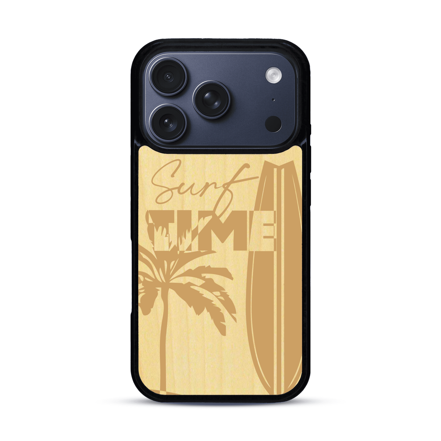 Coque de protection en bois véritable fabriquée en France pour  sur le thème chill avec un motif représentant une silouhette tenant une planche de surf sur une plage entouré de palmiers et les mots "Surf Time Long Beach Miami"