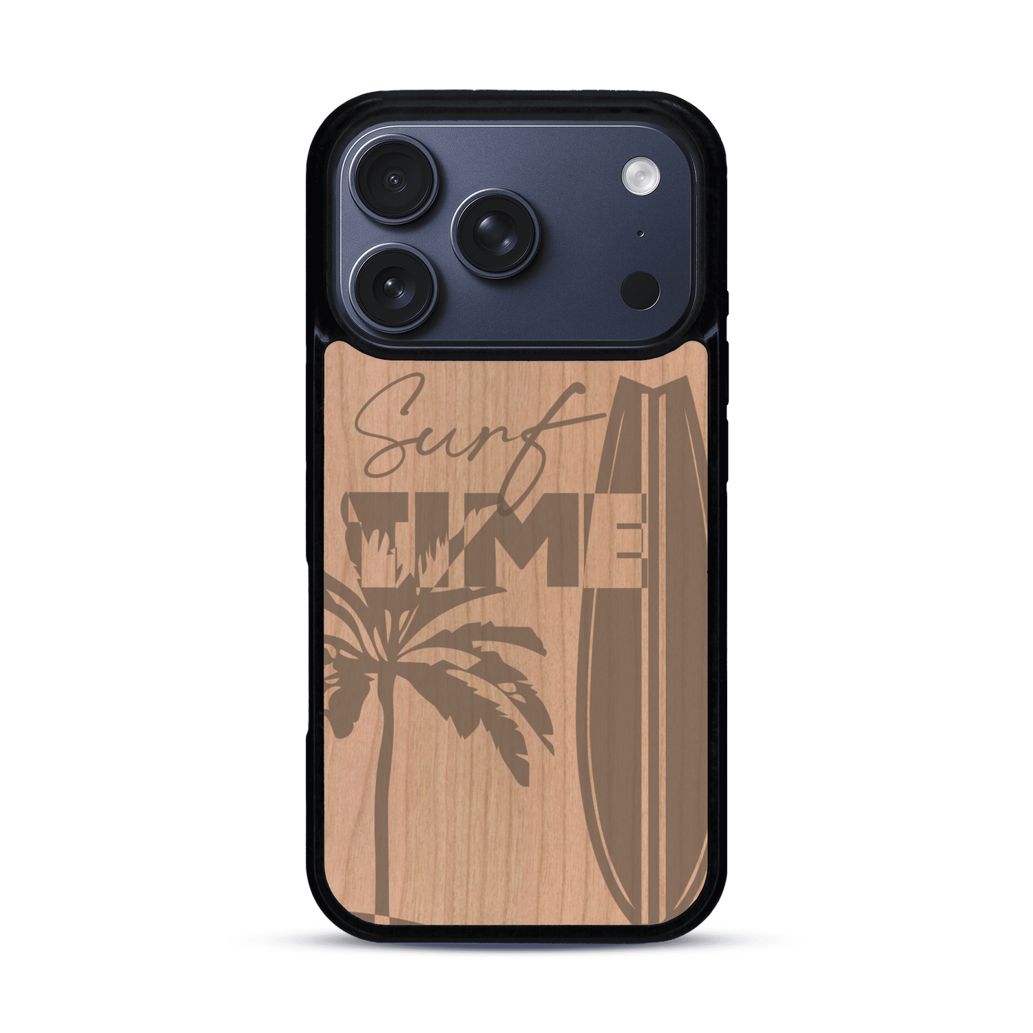 Coque de protection en bois véritable fabriquée en France pour  sur le thème chill avec un motif représentant une silouhette tenant une planche de surf sur une plage entouré de palmiers et les mots "Surf Time Long Beach Miami"