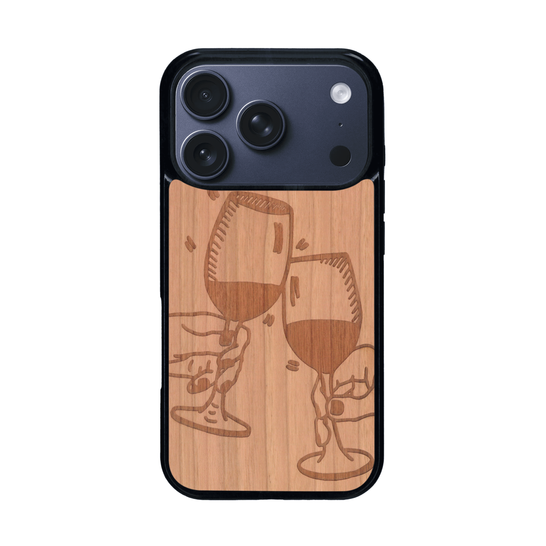 Coque de protection en bois véritable fabriquée en France pour iPhone 17 Pro représentant une vue de face d'une flute de champagne dessinée à la main par l'artiste Maud Dabs