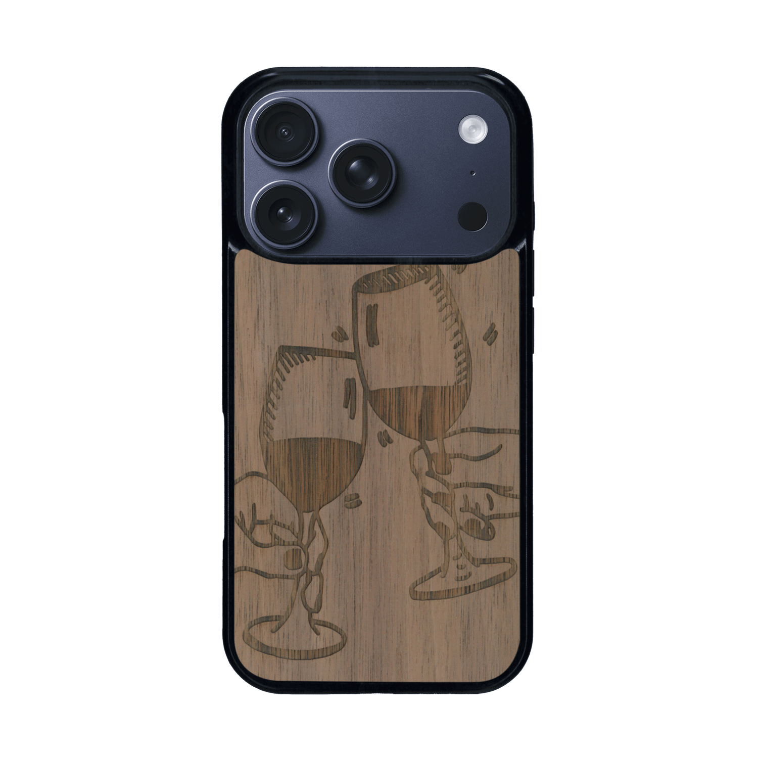 Coque de protection en bois véritable fabriquée en France pour iPhone 17 Pro représentant une vue de face d'une flute de champagne dessinée à la main par l'artiste Maud Dabs