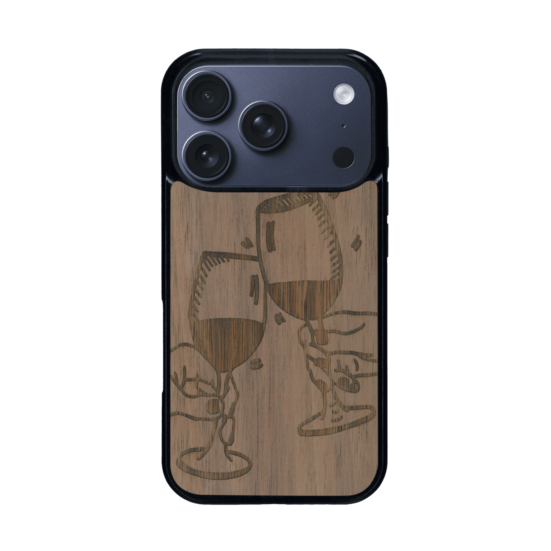 Coque de protection en bois véritable fabriquée en France pour iPhone 17 Pro représentant une vue de face d'une flute de champagne dessinée à la main par l'artiste Maud Dabs