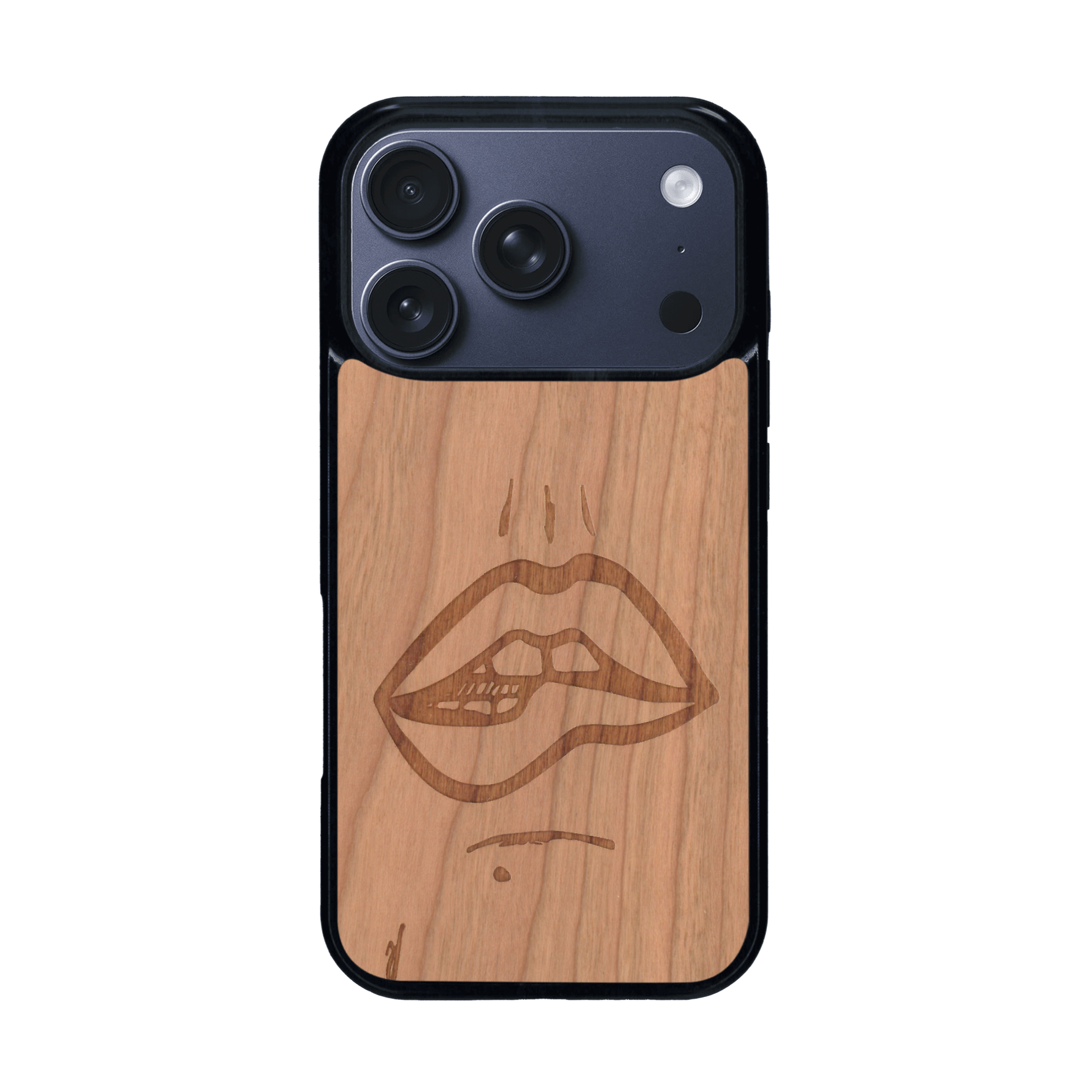 Coque de protection en bois véritable fabriquée en France pour iPhone 17 Pro représentant de manière minimaliste une bouche de féminine se mordant le coin de la lèvre de manière sensuelle dessinée à la main par l'artiste Maud Dabs