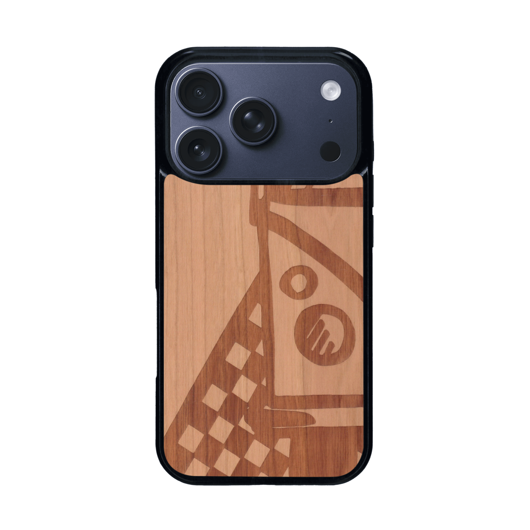Coque de protection en bois véritable fabriquée en France pour iPhone 17 Pro sur le thème du voyage avec un van combi