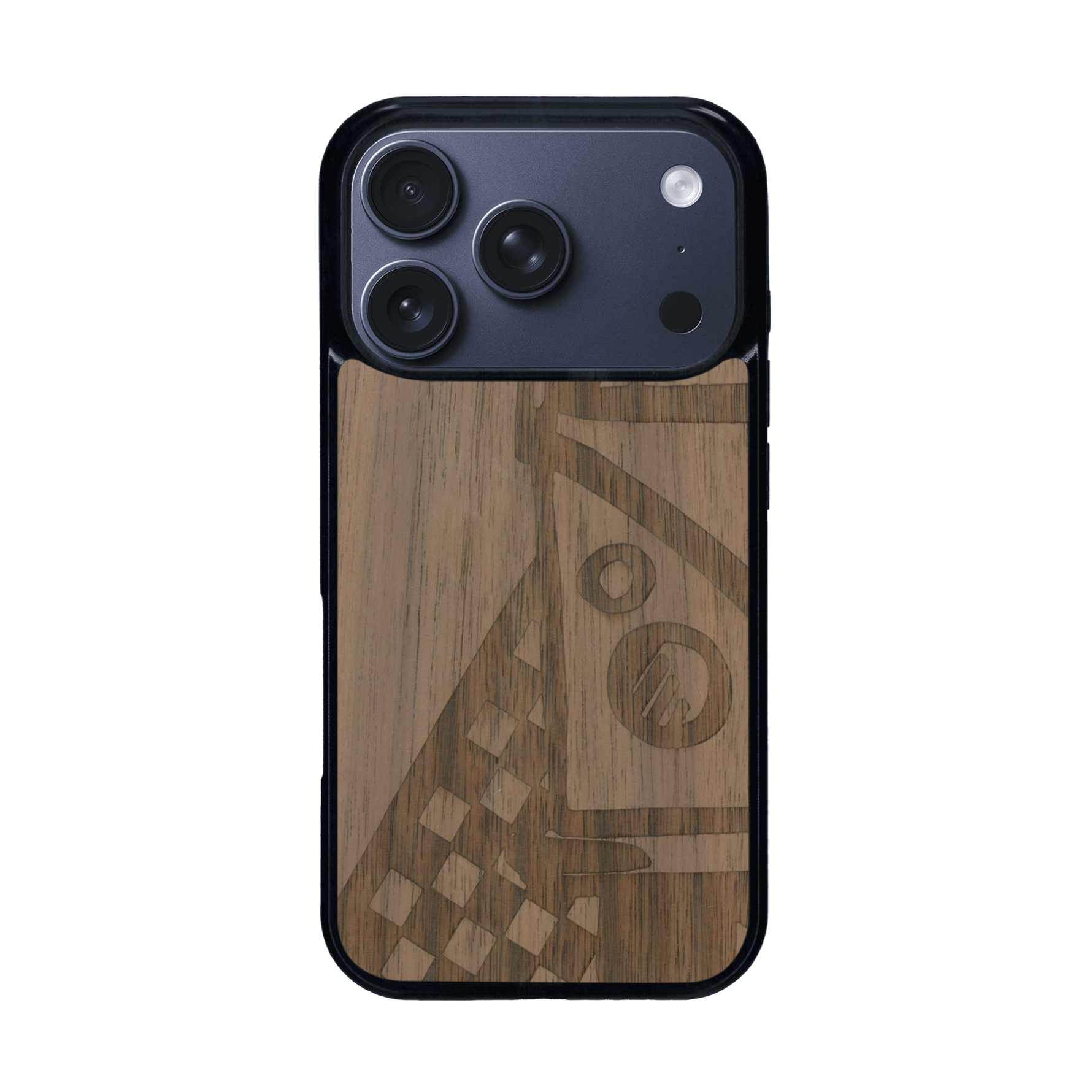 Coque de protection en bois véritable fabriquée en France pour iPhone 17 Pro sur le thème du voyage avec un van combi