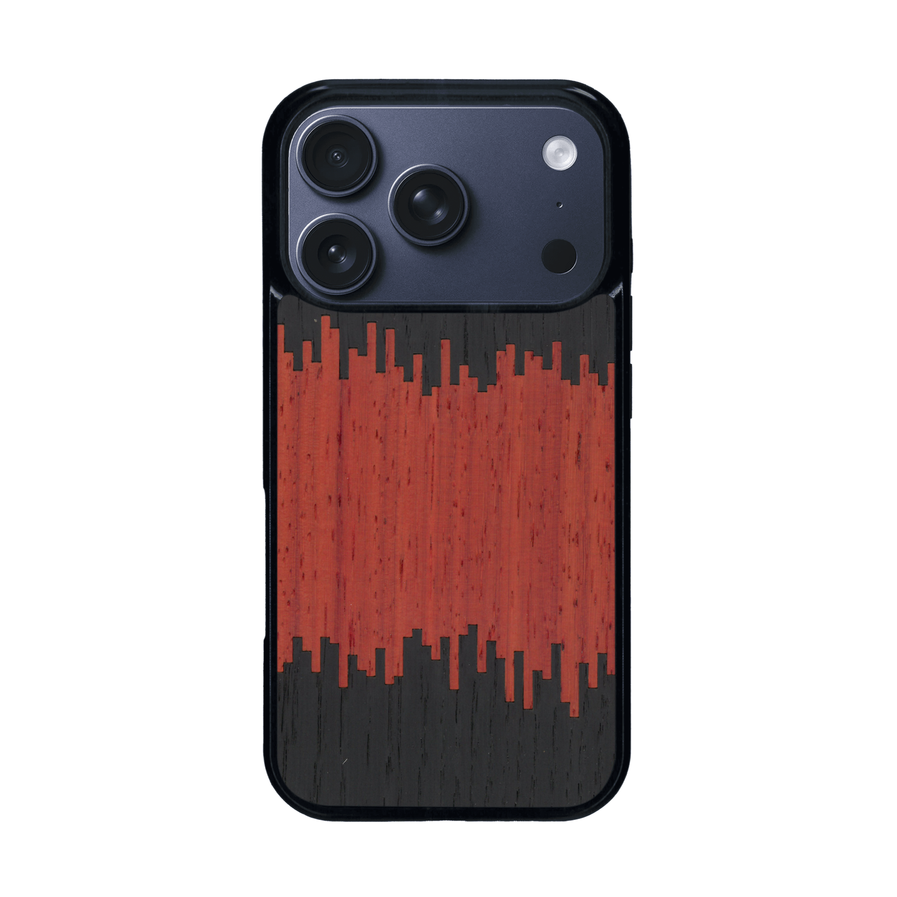 Coque de protection en bois véritable fabriquée en France pour iPhone 17 Pro alliant plusieurs essences de bois pour représenter du magma en fusion