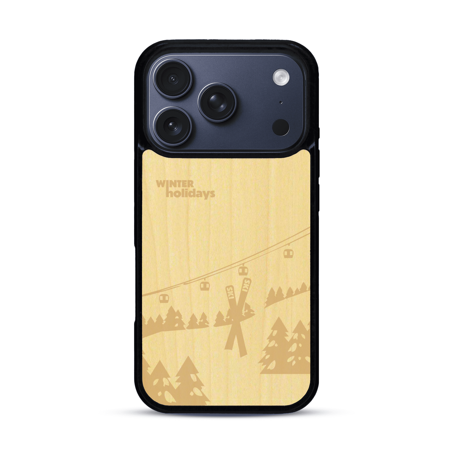 Coque de protection en bois véritable fabriquée en France pour  sur le thème de la montagne, du ski et de la neige avec un motif représentant une paire de ski plantée dans la neige avec en fond des montagnes enneigées