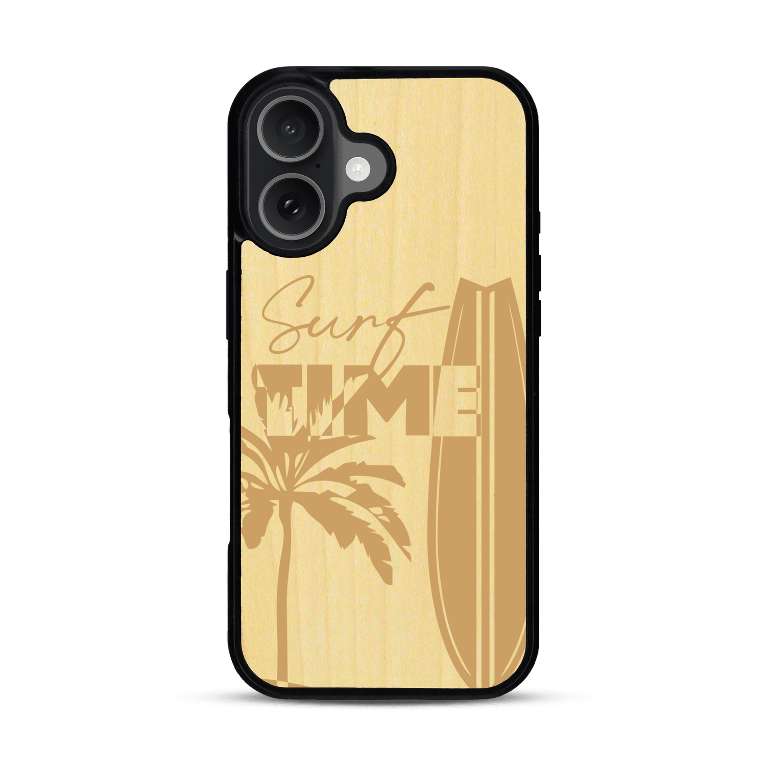 Coque de protection en bois véritable fabriquée en France pour  sur le thème chill avec un motif représentant une silouhette tenant une planche de surf sur une plage entouré de palmiers et les mots "Surf Time Long Beach Miami"
