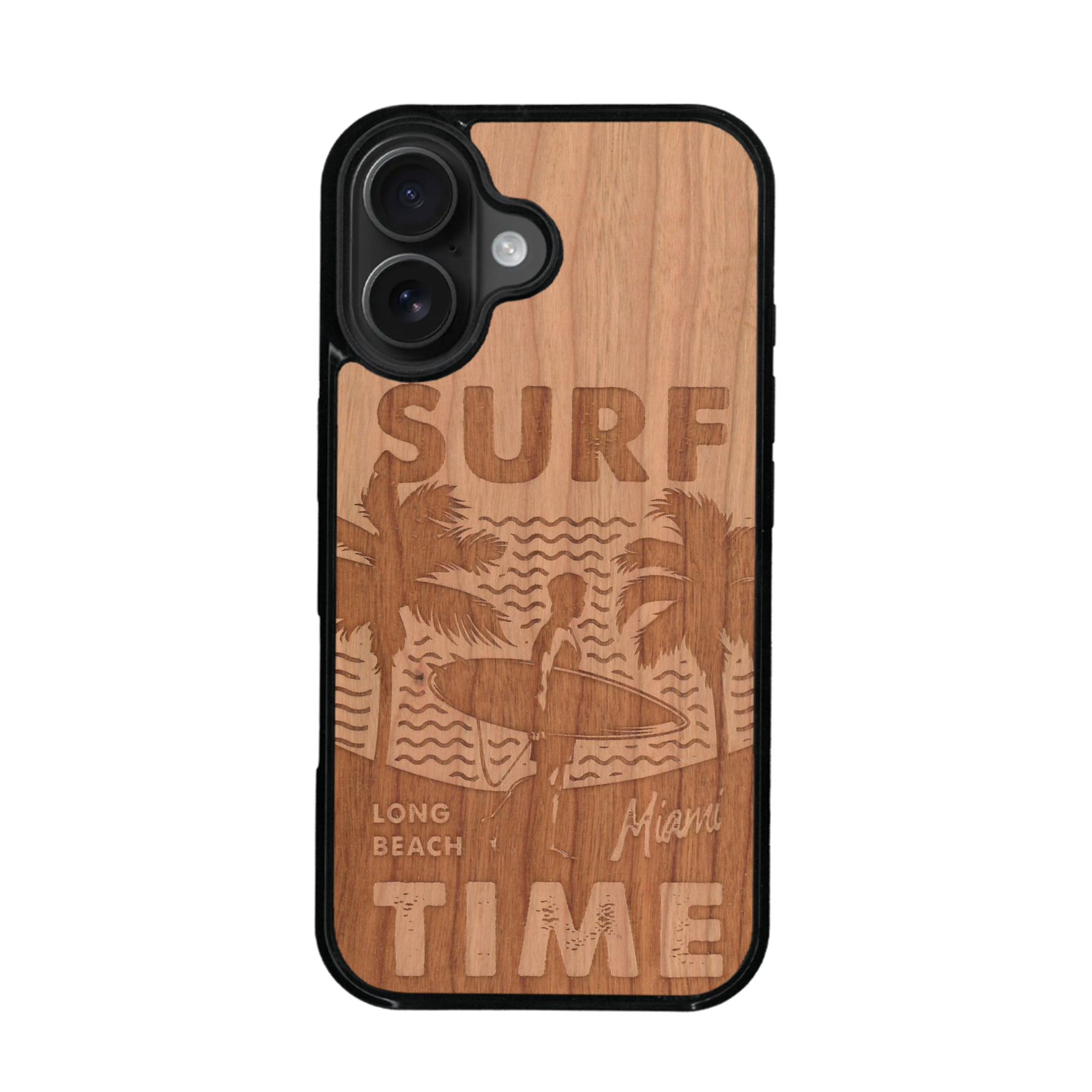 Coque de protection en bois véritable fabriquée en France pour iPhone 17 sur le thème chill avec un motif représentant une silouhette tenant une planche de surf sur une plage entouré de palmiers et les mots "Surf Time Long Beach Miami"