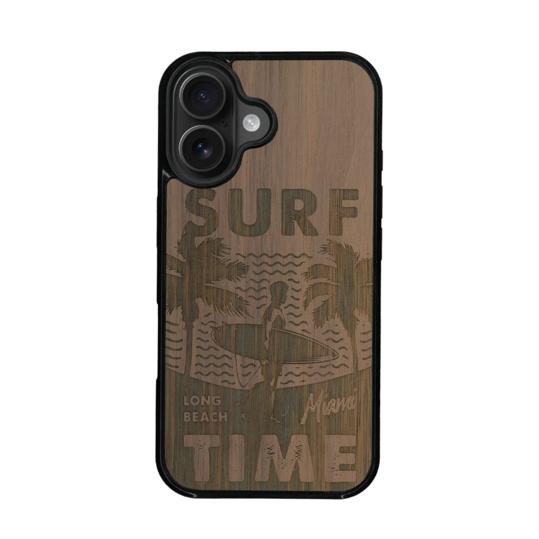 Coque de protection en bois véritable fabriquée en France pour iPhone 17 sur le thème chill avec un motif représentant une silouhette tenant une planche de surf sur une plage entouré de palmiers et les mots "Surf Time Long Beach Miami"