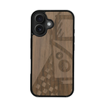 Coque de protection en bois véritable fabriquée en France pour iPhone 17 sur le thème du voyage avec un van combi