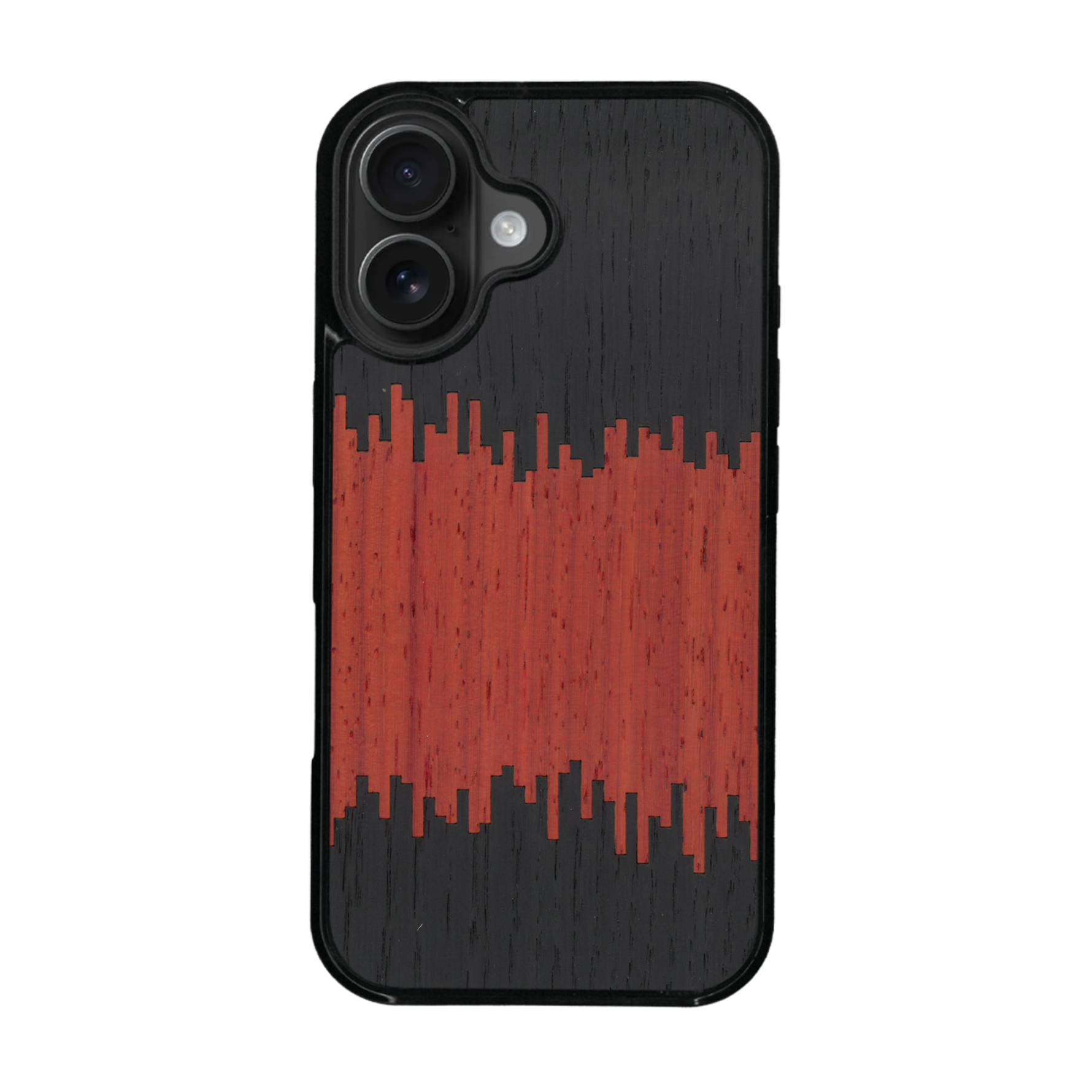 Coque de protection en bois véritable fabriquée en France pour iPhone 17 alliant plusieurs essences de bois pour représenter du magma en fusion