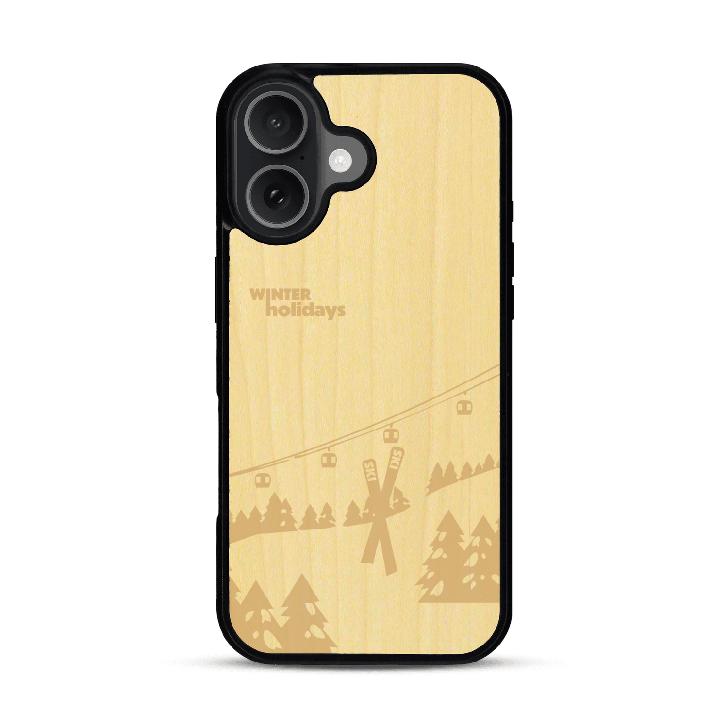 Coque de protection en bois véritable fabriquée en France pour  sur le thème de la montagne, du ski et de la neige avec un motif représentant une paire de ski plantée dans la neige avec en fond des montagnes enneigées