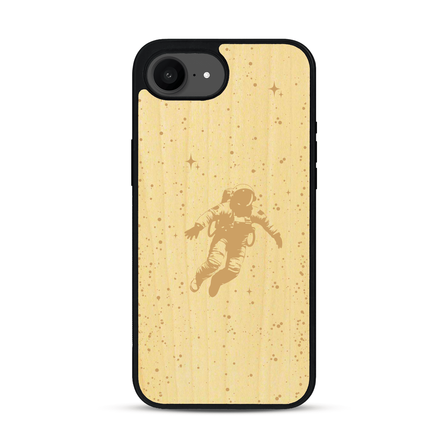Coque de protection en bois véritable fabriquée en France pour iPhone 17e sur le thème des astronautes