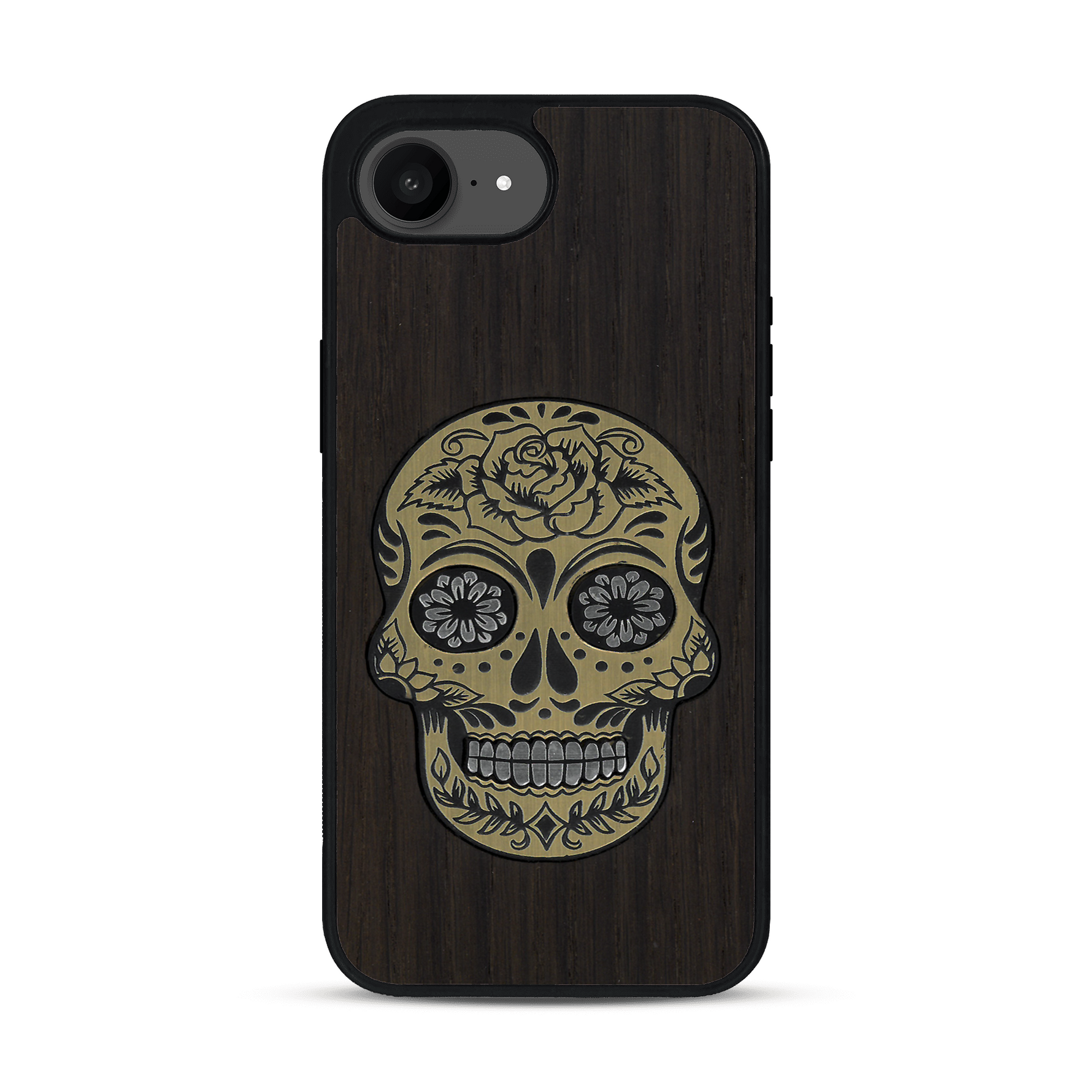Coque de protection en bois véritable fabriquée en France pour iPhone 17e alliant du chêne fumé avec du métal argenté et doré représentant une tête de mort mexicaine sur le thème Dia de los Muertos