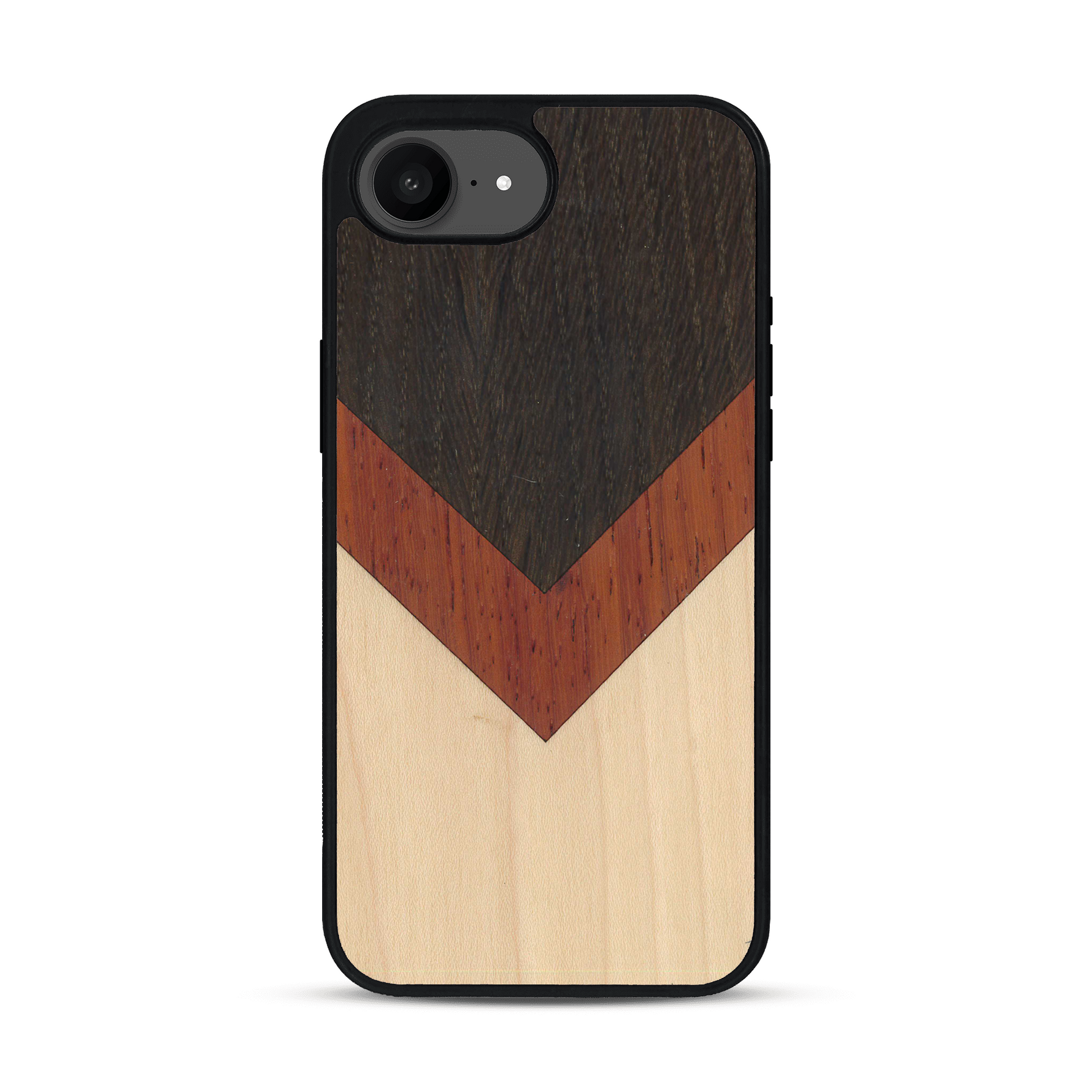 Coque de protection en bois véritable fabriquée en France pour iPhone 17e alliant du chêne fumé, du padouk et du bambou en forme de chevron sur le thème de l'art abstrait