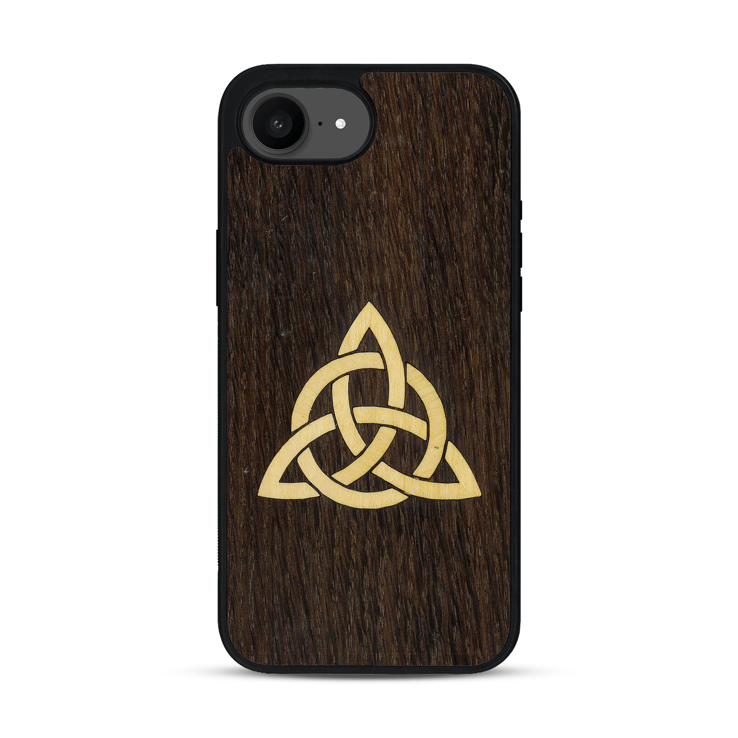 Coque de protection en bois véritable fabriquée en France pour iPhone 17e alliant du chêne fumé et du bambou représentant une triquetra
