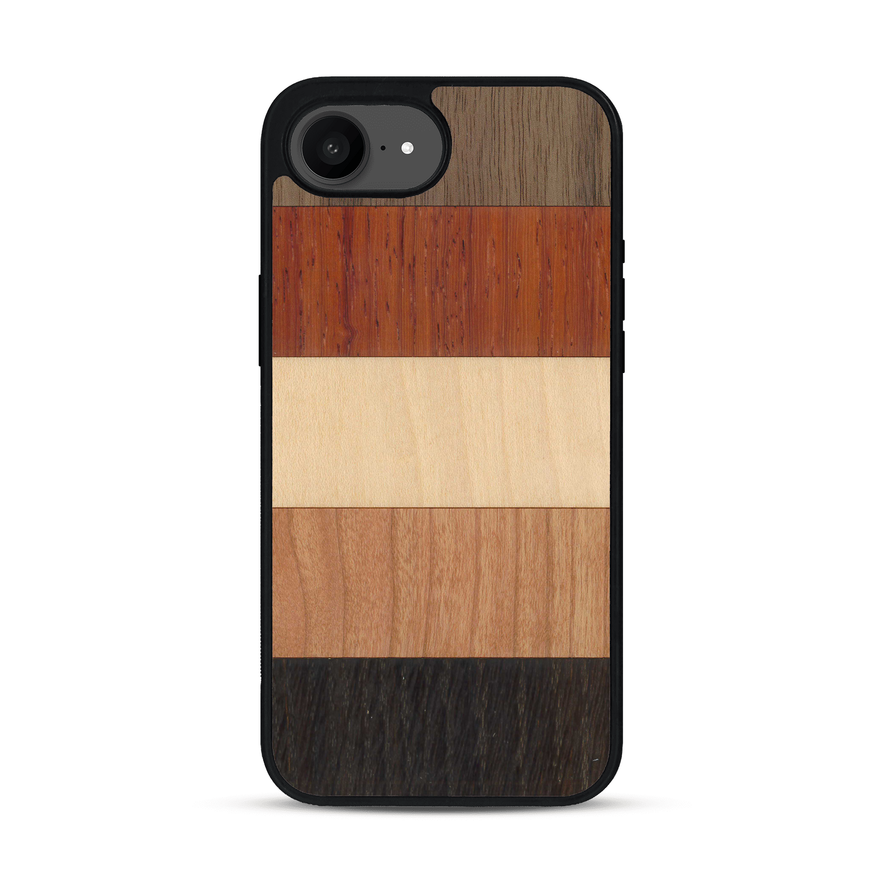 Coque de protection en bois véritable fabriquée en France pour iPhone 17e alliant des bandes horizontales de bambou, merisier, padouk, noyer et chêne fumé