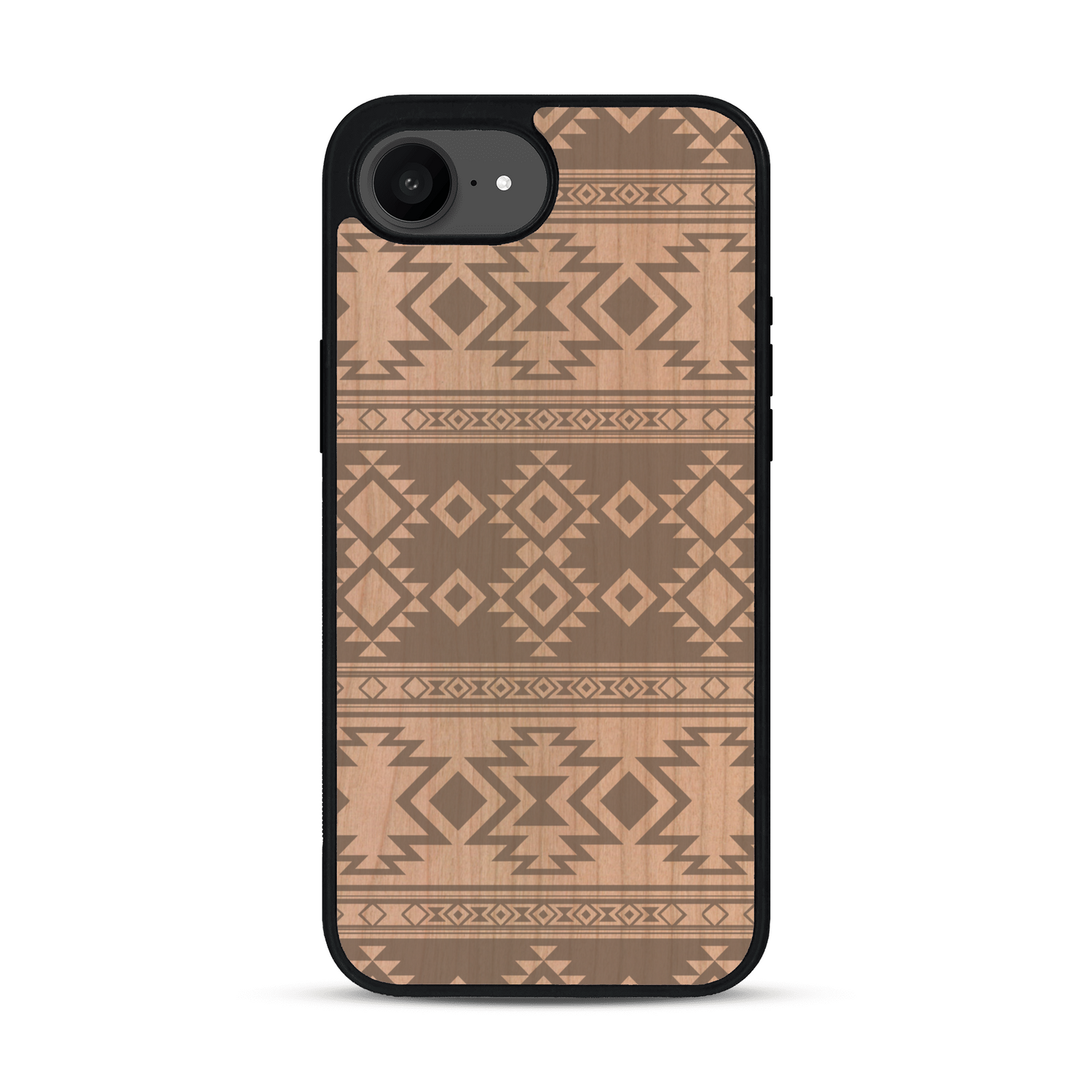Coque de protection en bois véritable fabriquée en France pour iPhone 17e avec des motifs géométriques s'inspirant des temples aztèques, mayas et incas