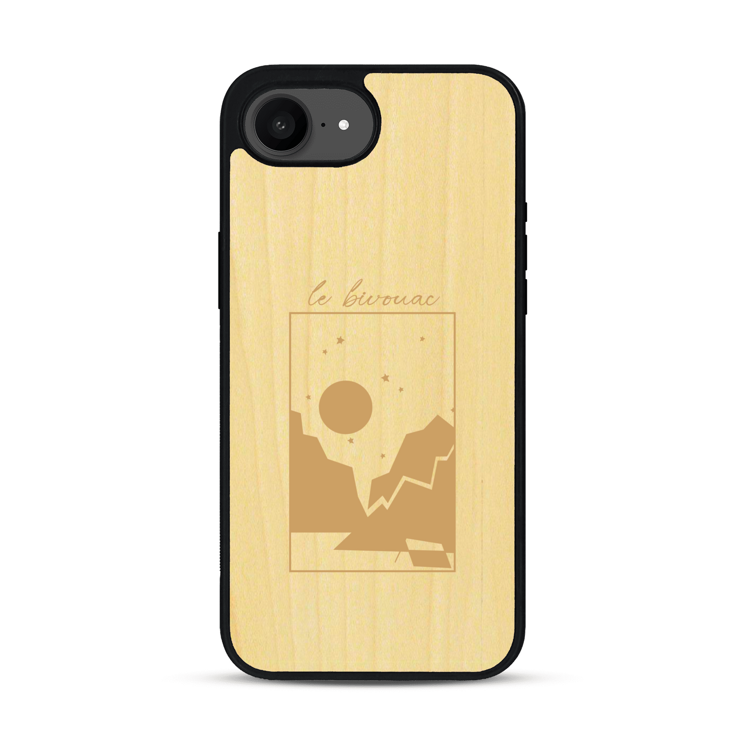 Coque de protection en bois véritable fabriquée en France pour iPhone 17e sur le thème du camping en pleine nature et du bivouac avec la phrase "Aventure is out there"