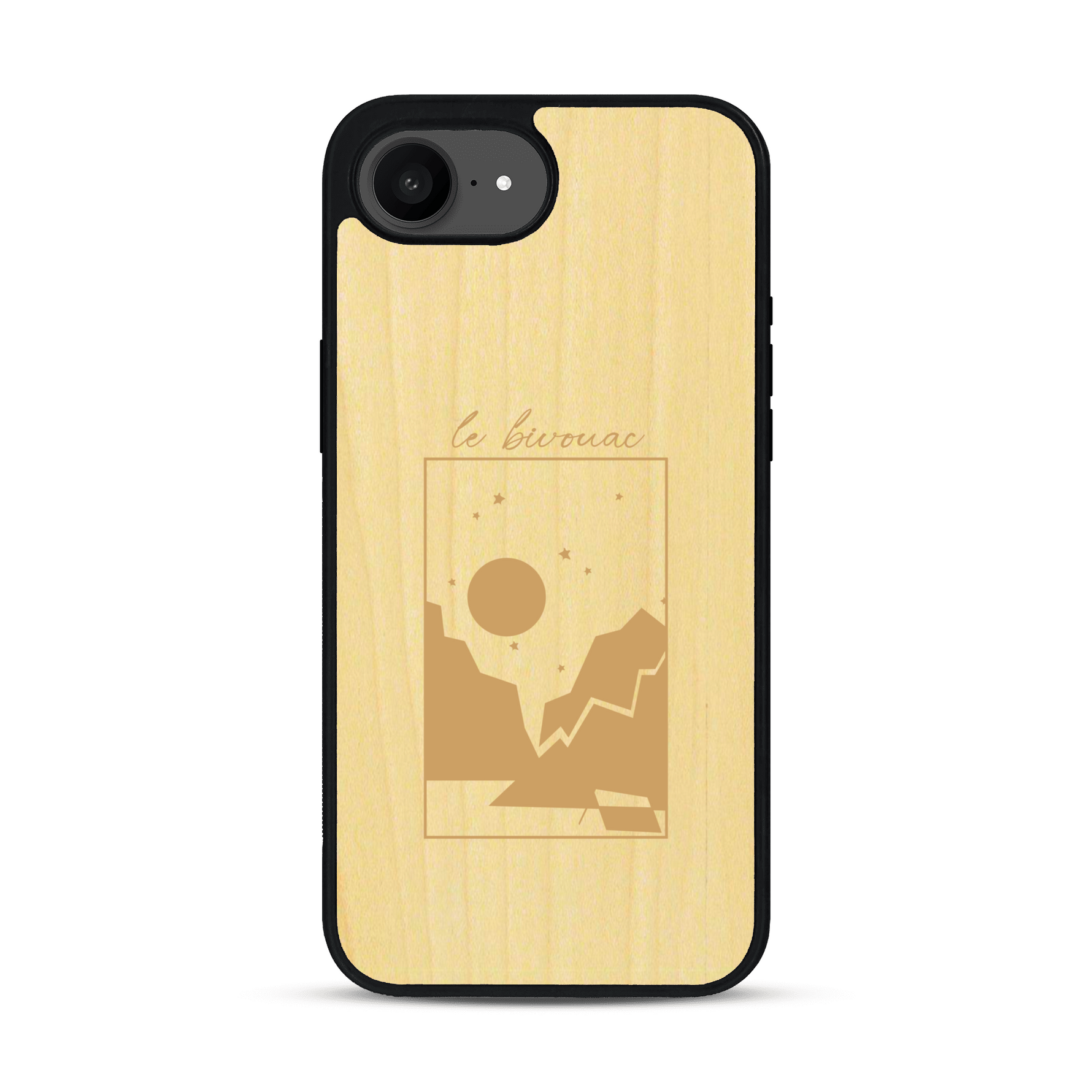 Coque de protection en bois véritable fabriquée en France pour iPhone 17e sur le thème du camping en pleine nature et du bivouac avec la phrase "Aventure is out there"