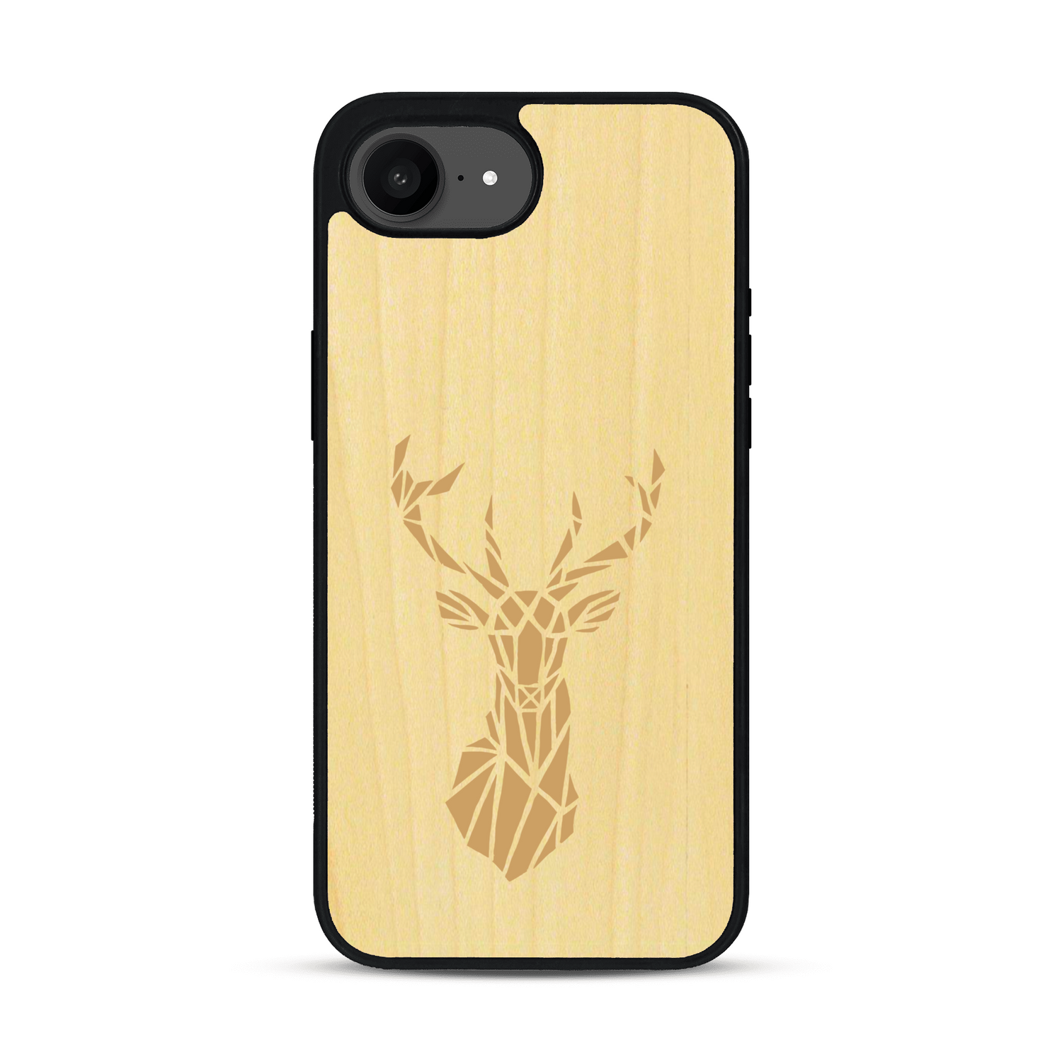 Coque de protection en bois véritable fabriquée en France pour iPhone 17e sur le thème de la nature et des animaux représentant une tête de cerf gométrique avec un design moderne et minimaliste