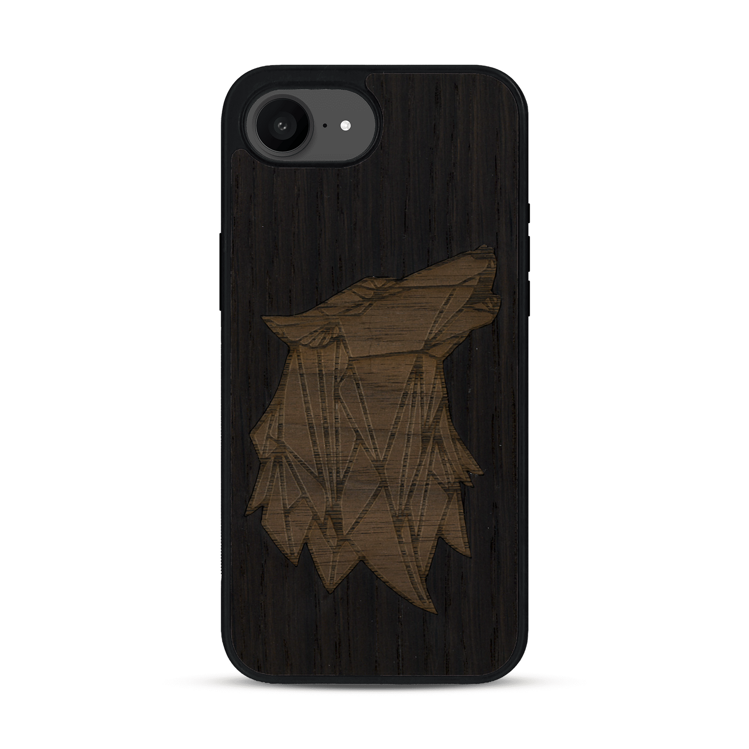 Coque de protection en bois véritable fabriquée en France pour iPhone 17e alliant du chêne fumé et du noyer représentant une tête de loup géométrique de profil sur le thème des animaux et de la nature