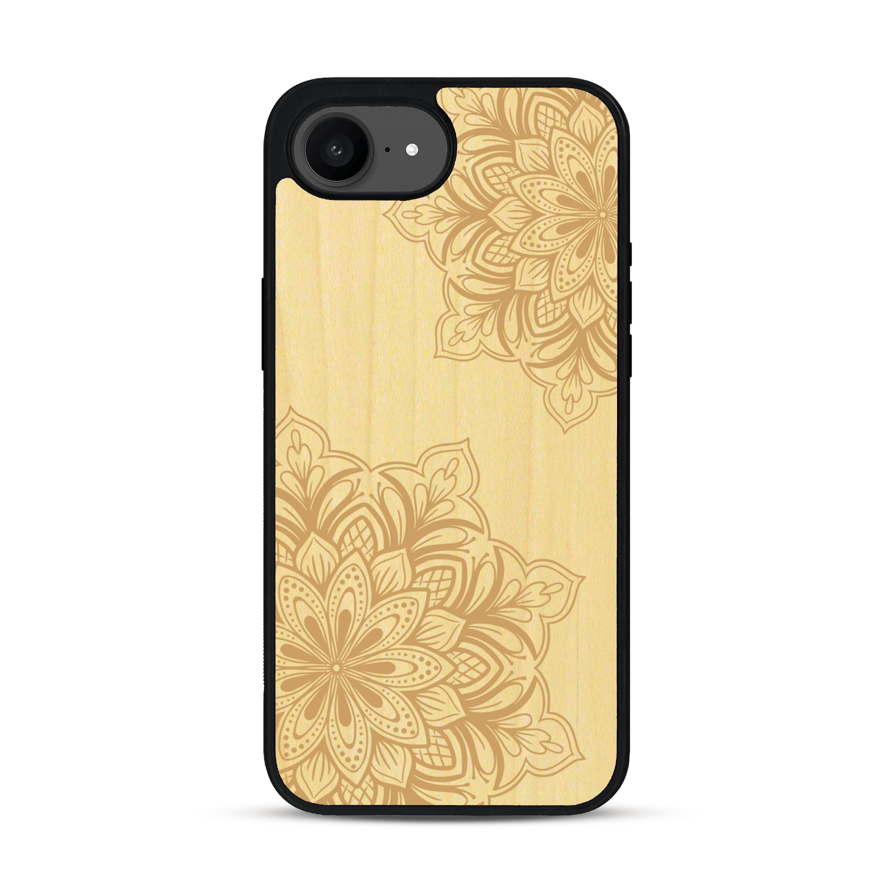 Coque de protection en bois véritable fabriquée en France pour iPhone 17e sur le thème de la bohème et du tatouage au henné avec une gravure représentant un mandala