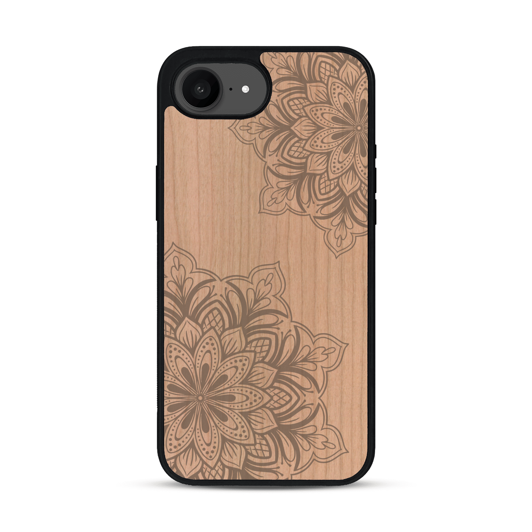 Coque de protection en bois véritable fabriquée en France pour iPhone 17e sur le thème de la bohème et du tatouage au henné avec une gravure représentant un mandala