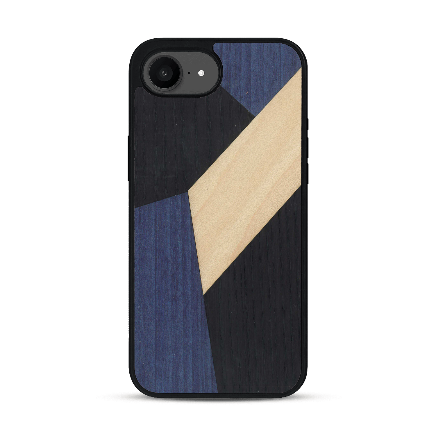 Coque de protection en bois véritable fabriquée en France pour iPhone 17e alliant du bambou, du tulipier bleu et noir en forme de mosaïque minimaliste sur le thème de l'art abstrait