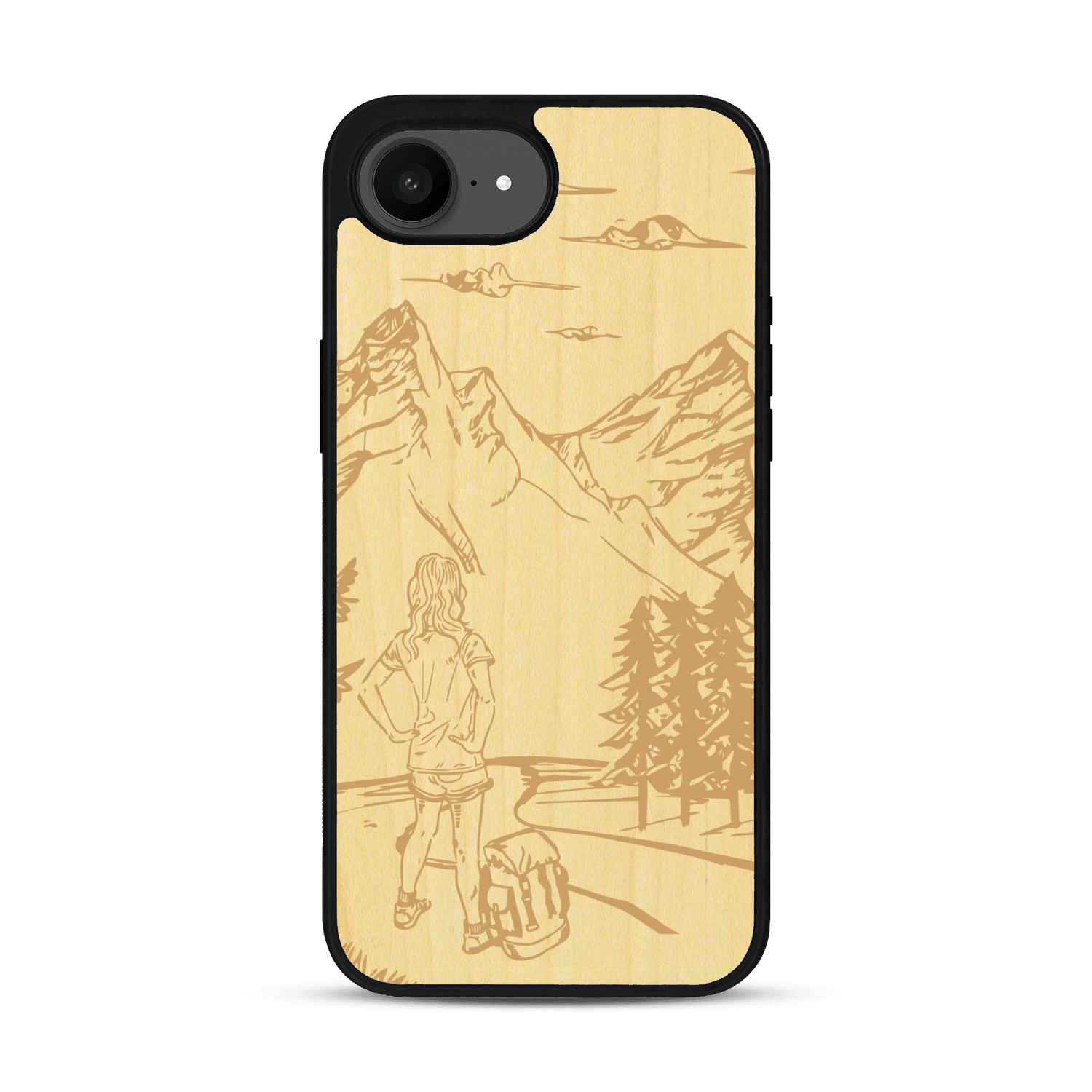 Coque de protection en bois véritable fabriquée en France pour iPhone 17e sur le thème de la randonnée en montagne et de l'aventure avec une gravure représentant une femme de dos face à un paysage de nature